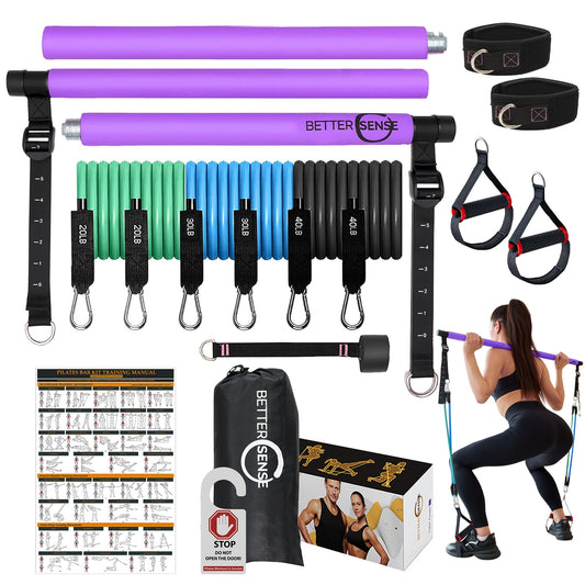 Pilates Bar Kit with Resistance Bands – Adjustable 39” Steel Bar & 6 Stackable Bands (40-180lbs), Full Body Pilates Kit for Home Workouts for Women & Men, Portable Pilates Reformer Strength Training
