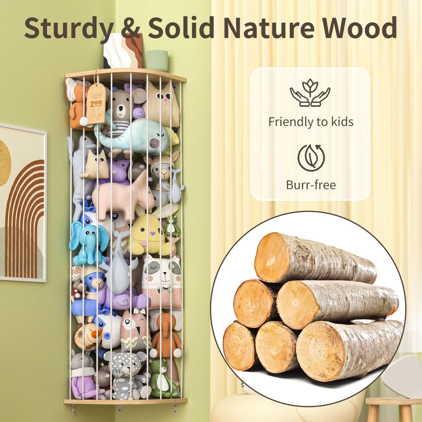 Eniffbaa Stuffed Animal Storage for Plushie Toys - Large Wood Corner Hanging Pet Storage with Sky Pattern, Length Adjustable Toy Organizer Shelf for Nursery Play Room Bedroom Kid Room