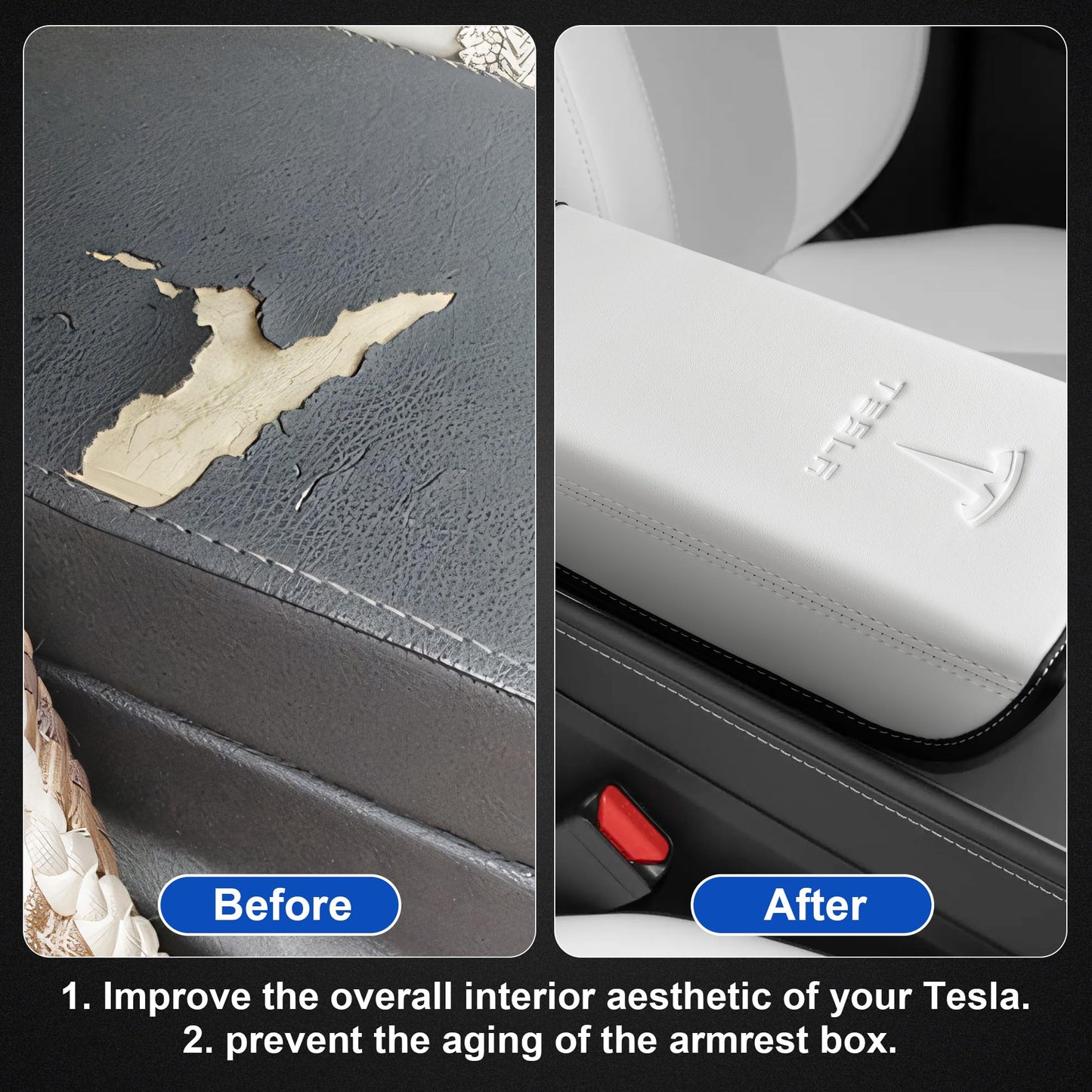 Tinlucys Armrest Cover Designed for Tesla Model 3/Y 2017-2023 2024,Leather Center Console Cover for Tesla Model 3/Y Interior Accessories White