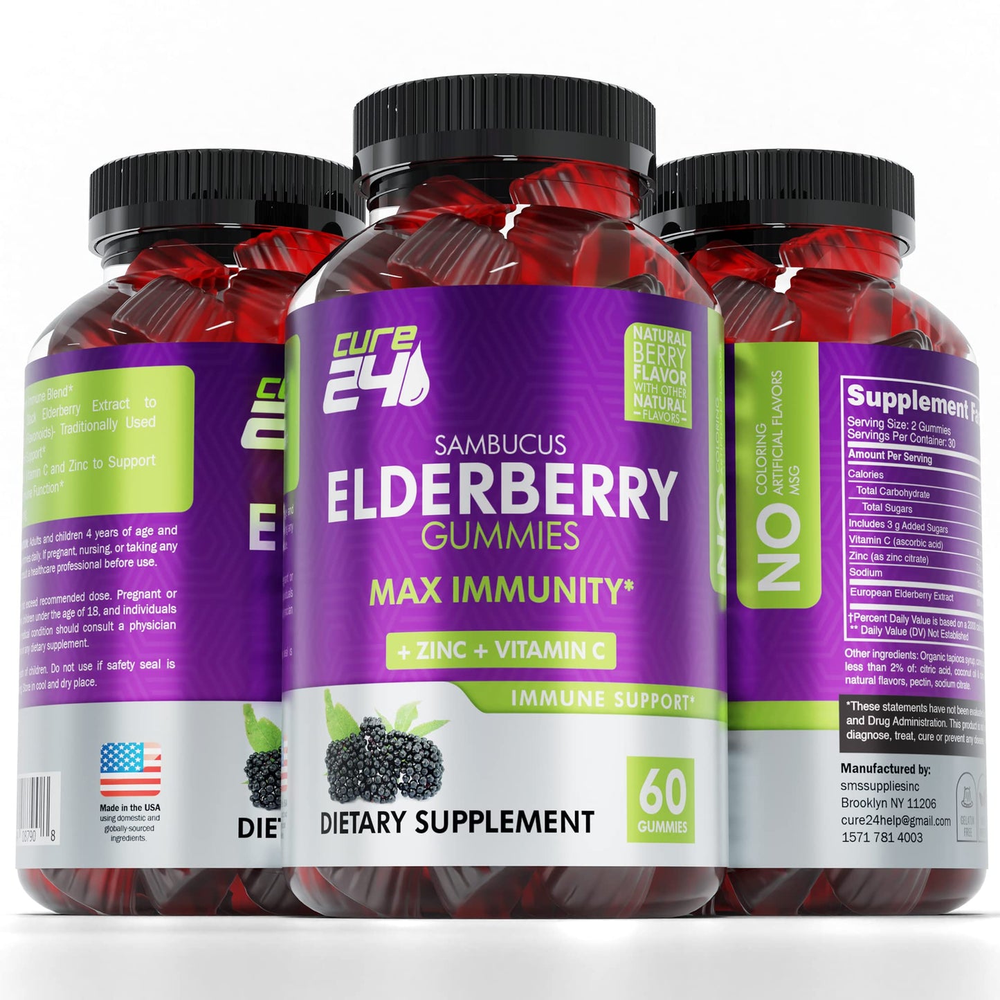 Cure24 Sambucus Elderberry Gummies + Vitamin C + Zinc for Kids & Adults, X3 Immune Support, Natural Flavors + Ingredients, Vegan, Non-GMO, Made in USA (60)
