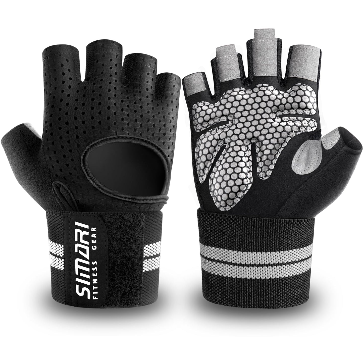 SIMARI Breathable Workout Gloves for Men Women, Padded Weight Lifting Gloves with Wrist Wraps Support, Full Palm Protection, Grip for Gym Training, Fitness, Weightlifting, Exercise Fingerless Black
