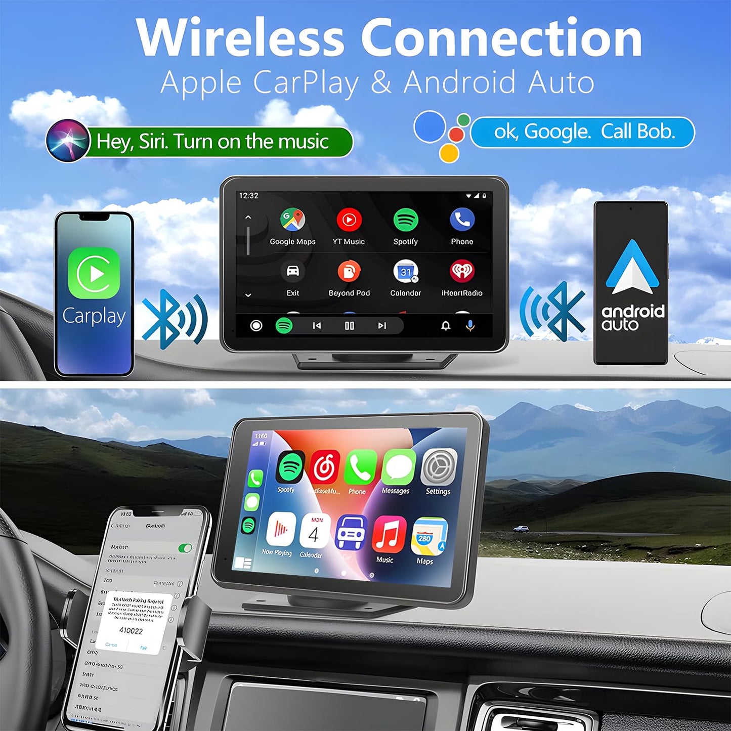 Portable Carplay Screen for Car, 7" Wireless Carplay & Android Auto with Bluetooth, HD Backup Camera, GPS Navigation, Siri, FM, AUX, Mirror Link for All Vehicles