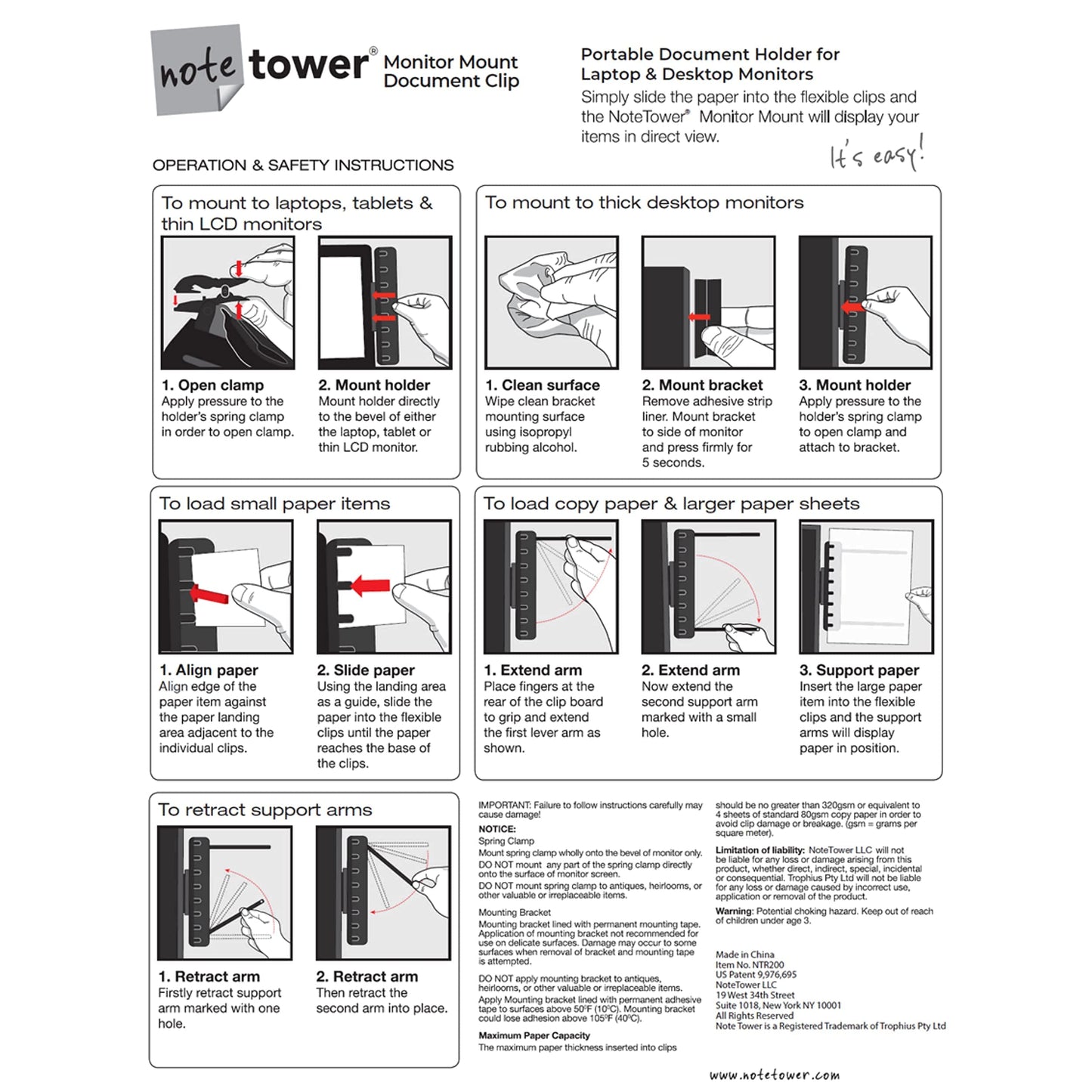 Note Tower Monitor Document Paper Holder for Typing | Clips to Laptops & Desktop Monitors I Reduces Eye & Neck Strain | Portable Copy Holder for Desk | Sticky Note Stand & Monitor Memo Board | Black