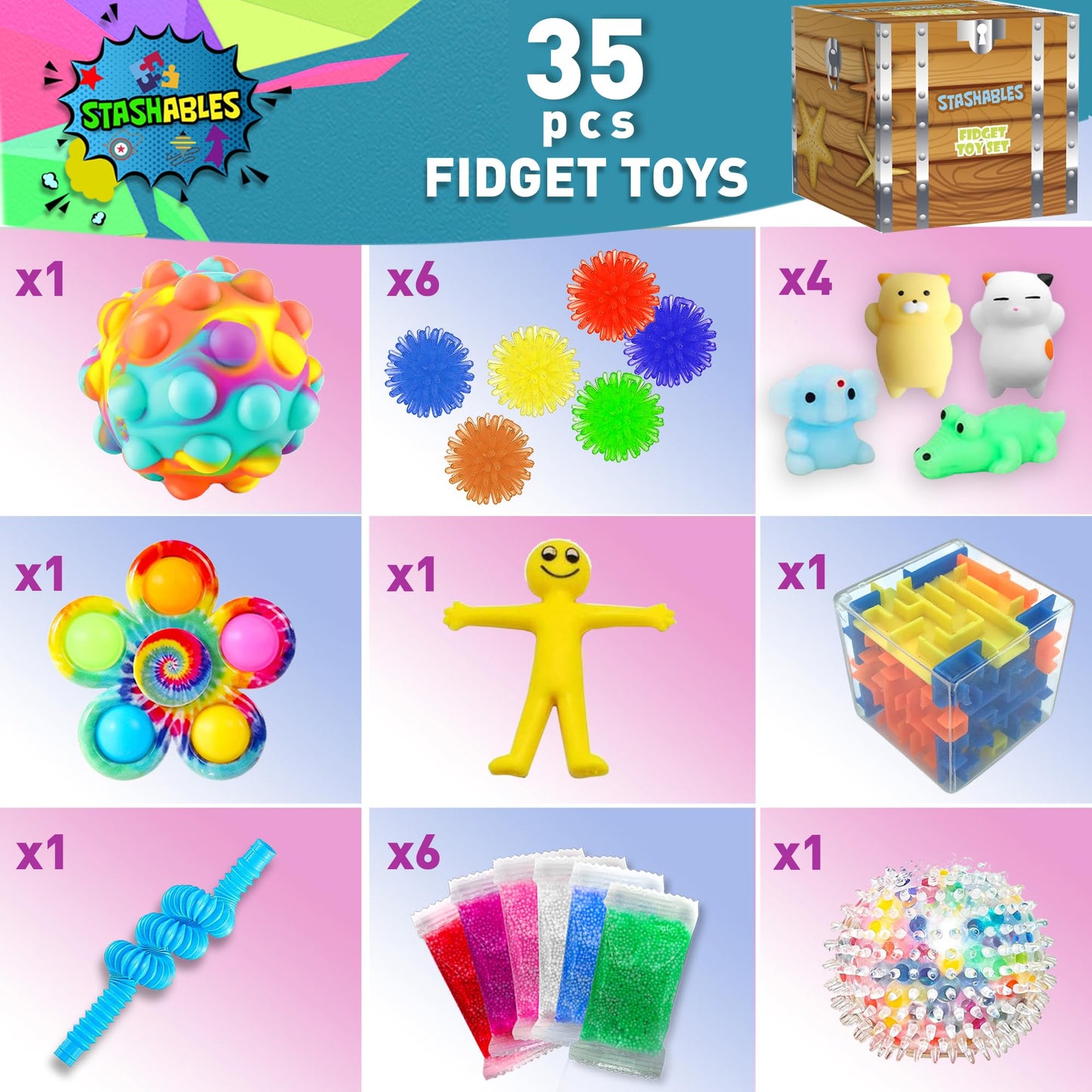 Sensory Fidget Toys Pack - 35pcs Stress Relief and Anti Anxiety Toys for Kids - Cool Fidget Packs with Stress Balls, Fidget Cube, & More for Party Favors, Prizes, Travel, & Pinata Stuffers