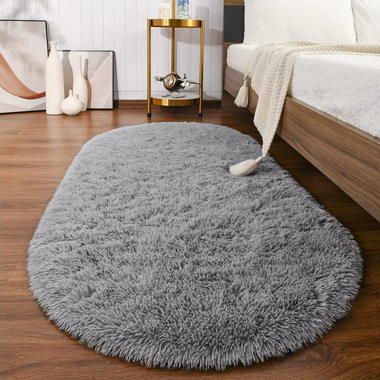 Softlife Fluffy Rugs for Bedroom, 2 Packs Shag Cute Area Rug for Girls and Kids Baby Room Home Decor, 2.6 x 5.3 Feet Oval Indoor Carpet for Nursery Dorm Living Room, Grey