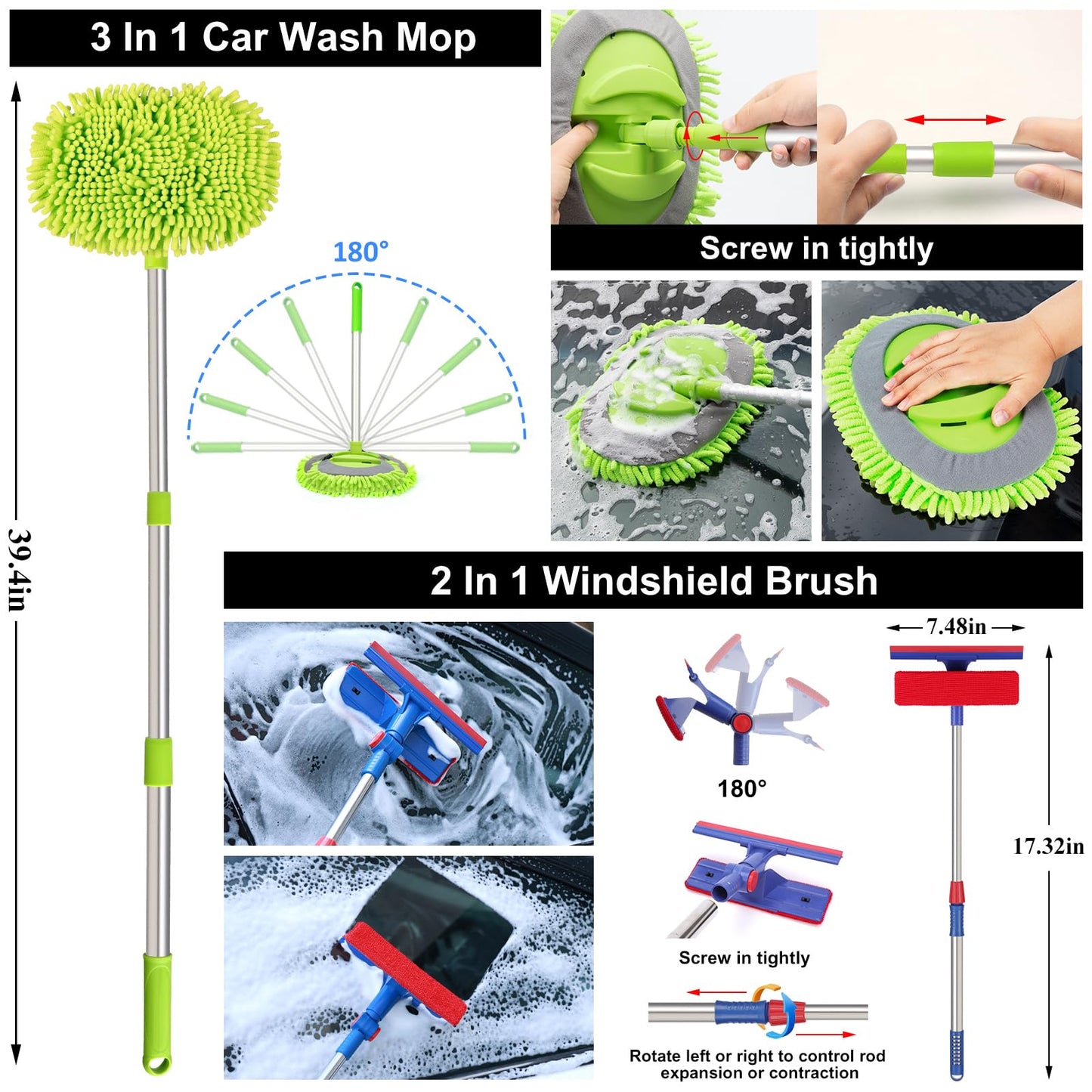 AUTODECO 44Pcs Car Wash Detailing Kit Cleaning Kits with Foam Gun Sprayer Wash Mop with Long Handle Collapsible Bucket Large Wash Mitt Towels Complete Interior Exterior Car Washing Supply Set Black