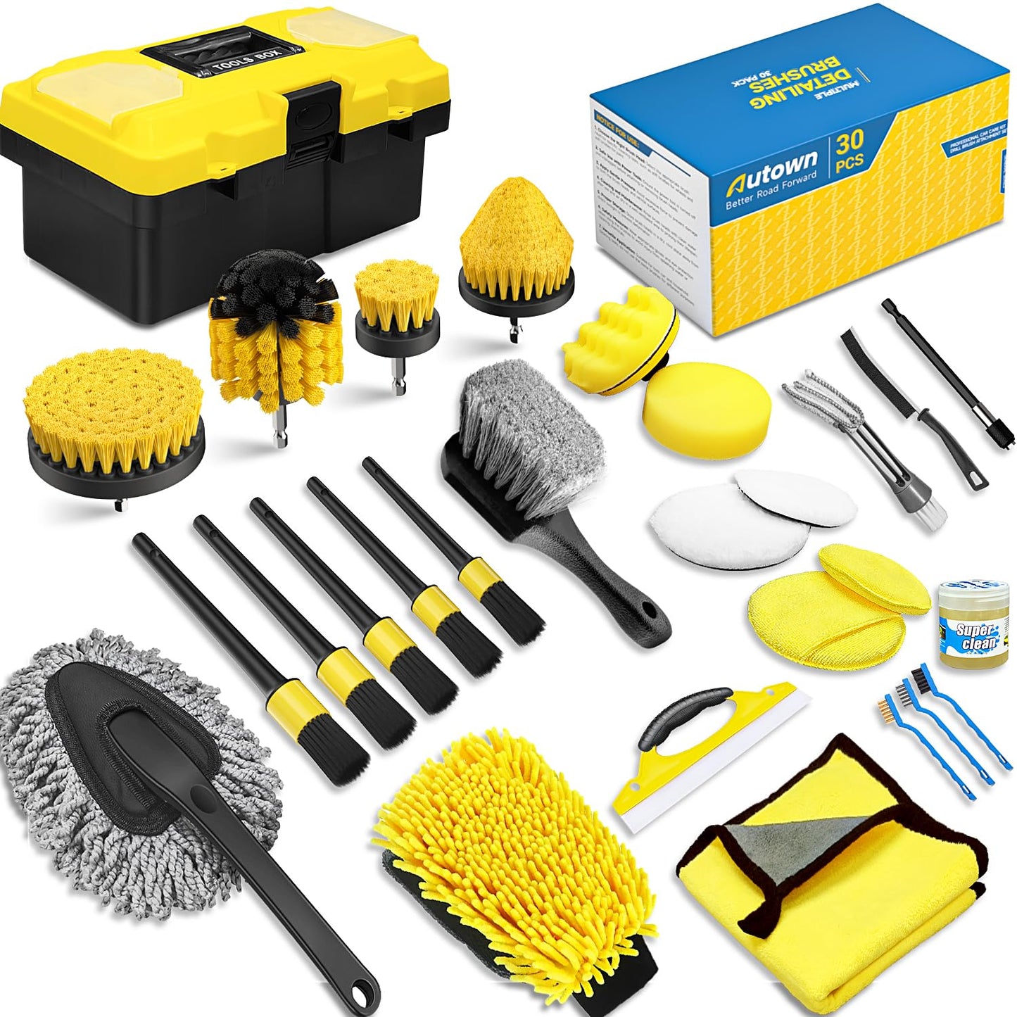 AUTOWN 30PCS Car Detailing Kits, Detailing Brush Set with Drill Brush Attachments and Portable Tool Box, Car Cleaning Kits for Interior, Exterior, Wheels, Windows