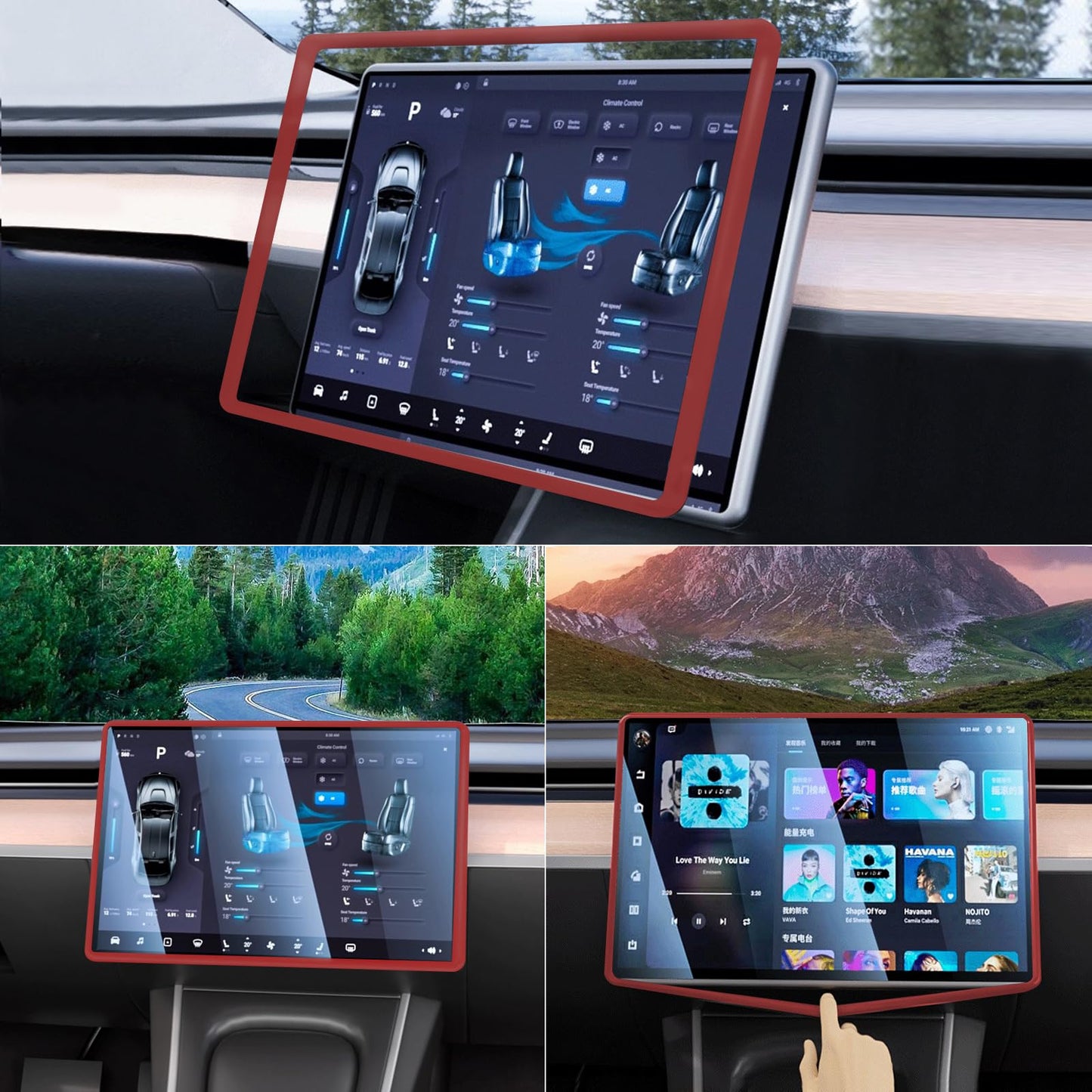 2PCS Protector Trim Frame Compatible with Tesla Model 3 Y 2019-2024 2025 Screen Edge Frame Rearview Mirror Cover Interior Silicone Decorations Center Console Decor Highland Juniper Accessories (Red)