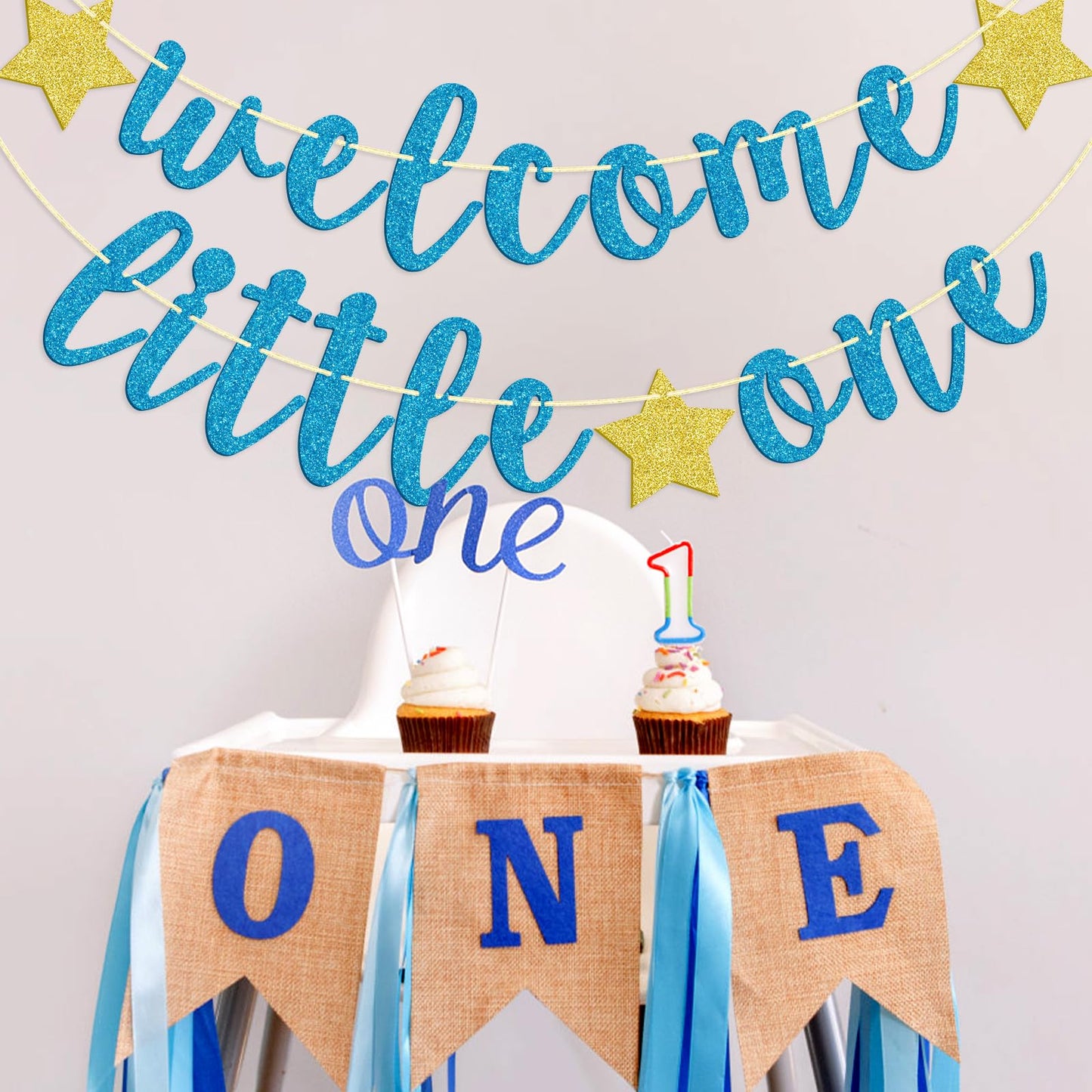 Welcome Little One Glitter Banner, Pre-strung Baby Shower Banner, Gender Reveal Party Decor (Blue)