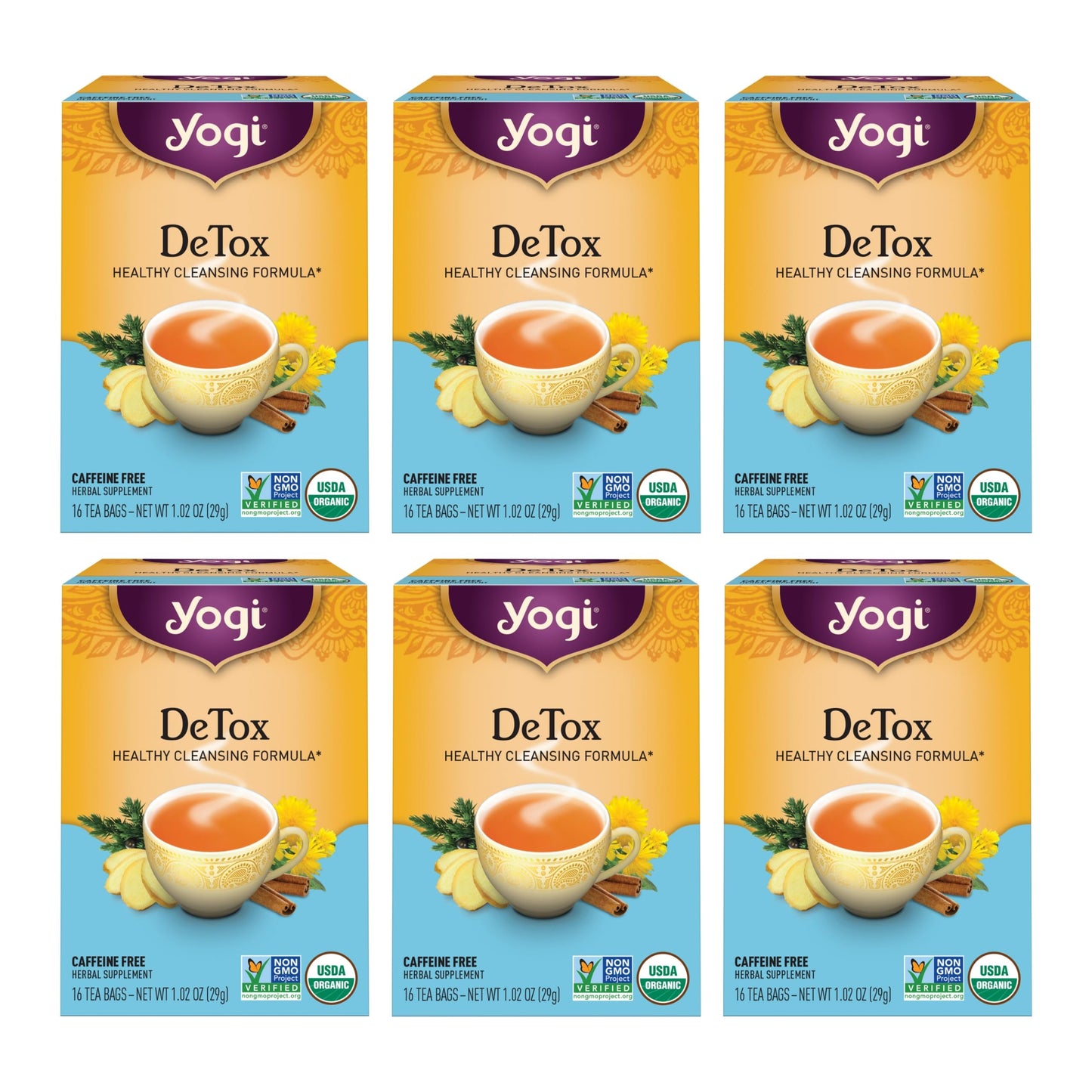 Yogi Tea DeTox Tea - 16 Tea Bags per Pack (6 Packs) - Organic Detox Tea for Digestive & Circulation Support - Includes Burdock, Dandelion, Ginger Root, Black Pepper, Cardamom & Juniper Berry