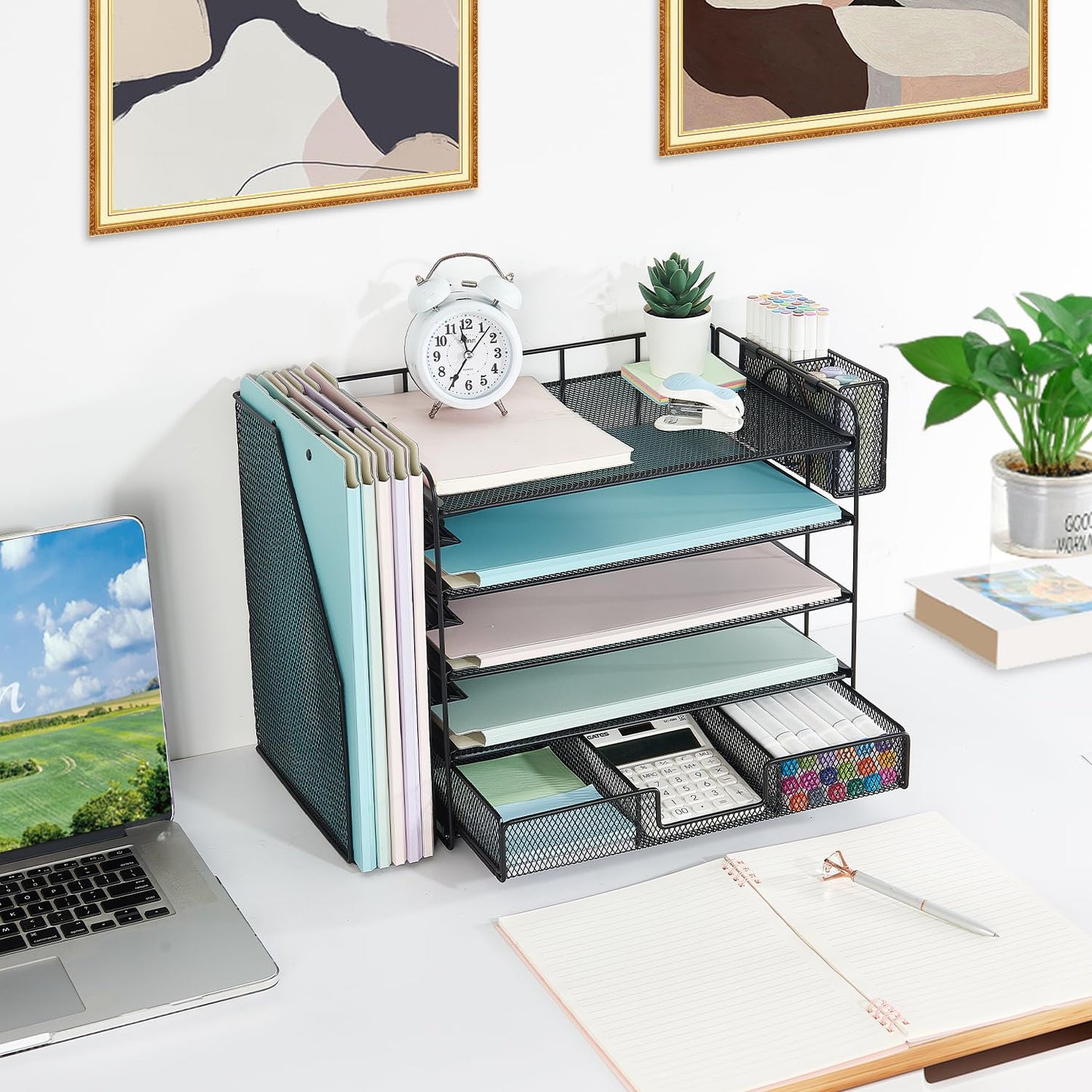 Youbetia Paper Tray Organizer with Mesh File Holder, 5 Tier Desk Accessories & Workspace Desk Organizers with Pen Holder, Office Desk Accessories Desktop Organization for Office Supplies (Black)
