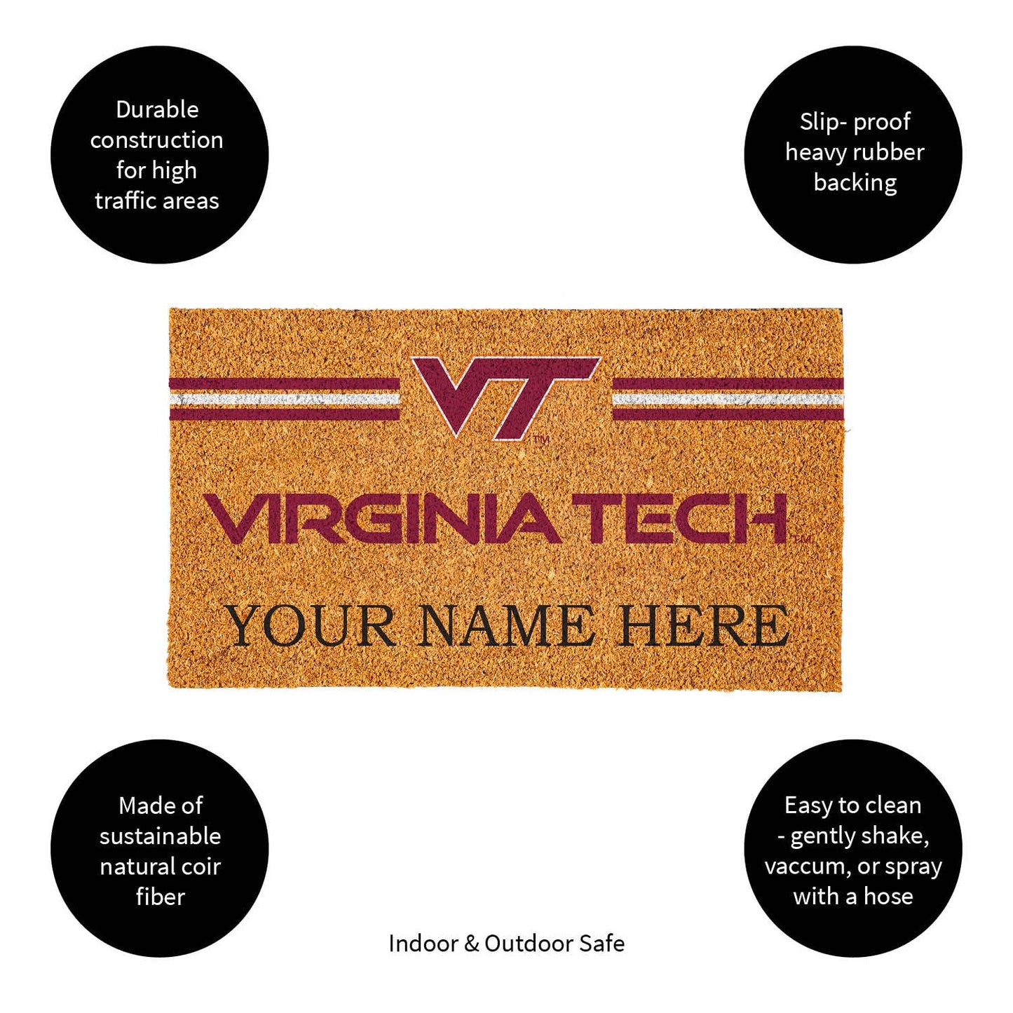 Team Sports America NCAA Virginia Tech College Personalized Coir Door Mat, 18 x 30 Inches Custom Name Doormat, Front Door Non-Slip Welcome Mats
