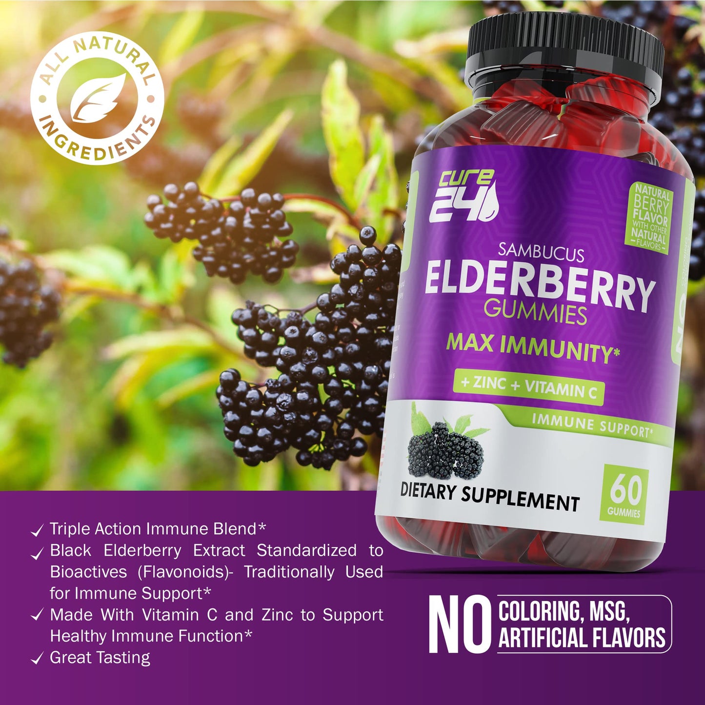 Cure24 Sambucus Elderberry Gummies + Vitamin C + Zinc for Kids & Adults, X3 Immune Support, Natural Flavors + Ingredients, Vegan, Non-GMO, Made in USA (60)