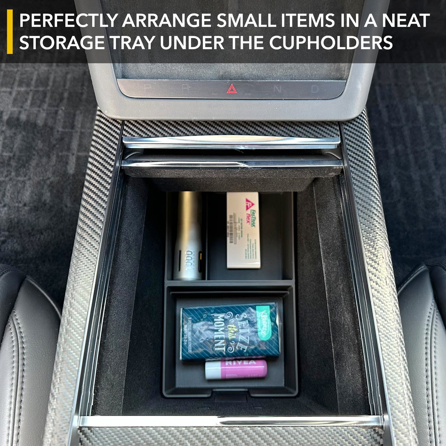 TWRAPS Center Console Storage Tray for Tesla Model X & Model S 2021-2025, Interior Accessories Organizer with Leather Inserts, Carbon Fiber Infused ABS for Refresh Plaid Long Range