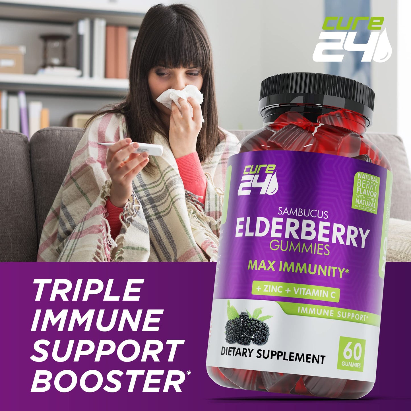 Cure24 Sambucus Elderberry Gummies + Vitamin C + Zinc for Kids & Adults, X3 Immune Support, Natural Flavors + Ingredients, Vegan, Non-GMO, Made in USA (60)