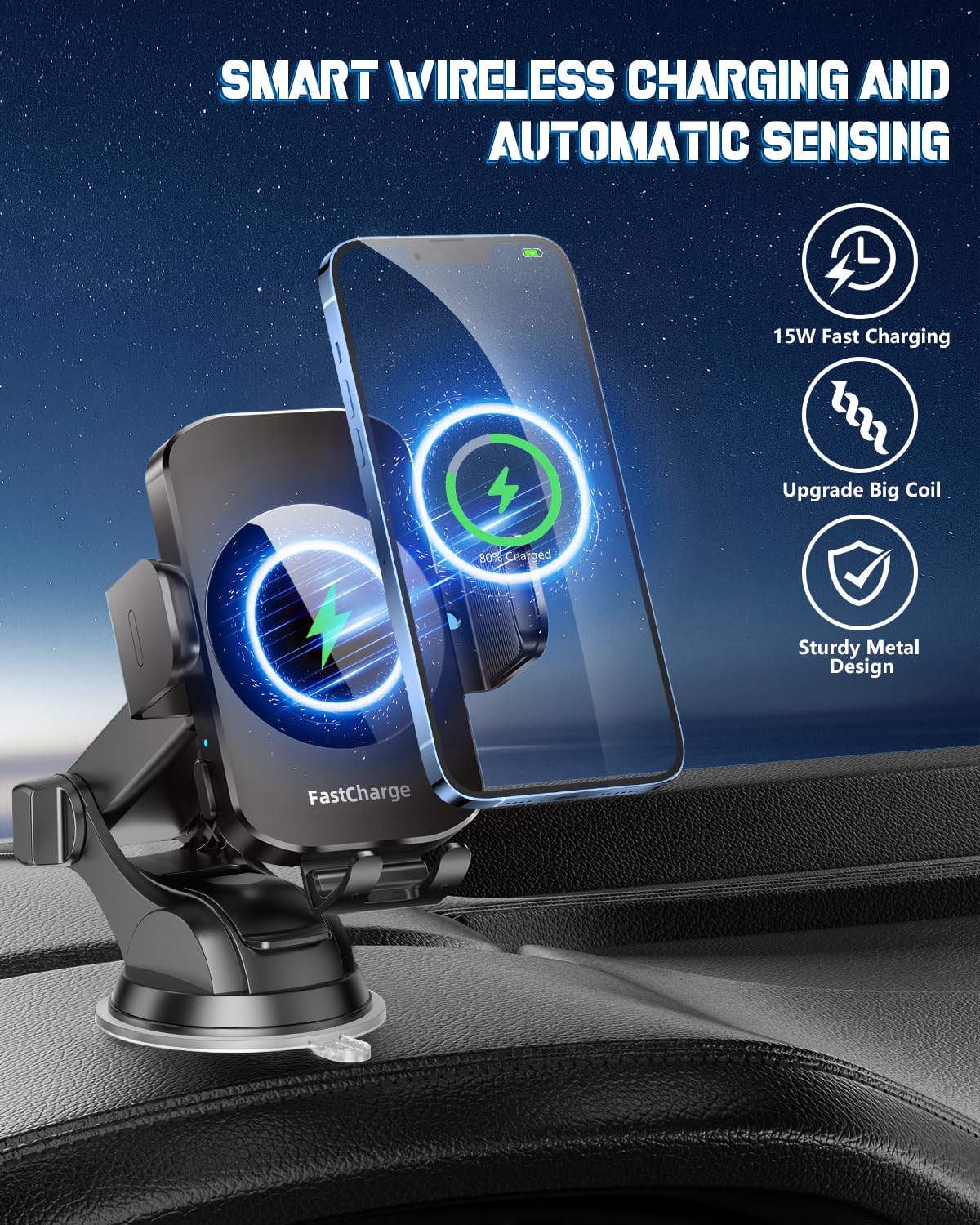 BothLin Wireless Car Charger, Fast Charging Phone Holder 3 in 1 Phone Mount Auto Clamping Car Accessories Compatible with iPhone 16 15 14 13 12 11 Xs XR, Samsung S23 Ultra S22 S21 S20/S10+ S9+ Note 9