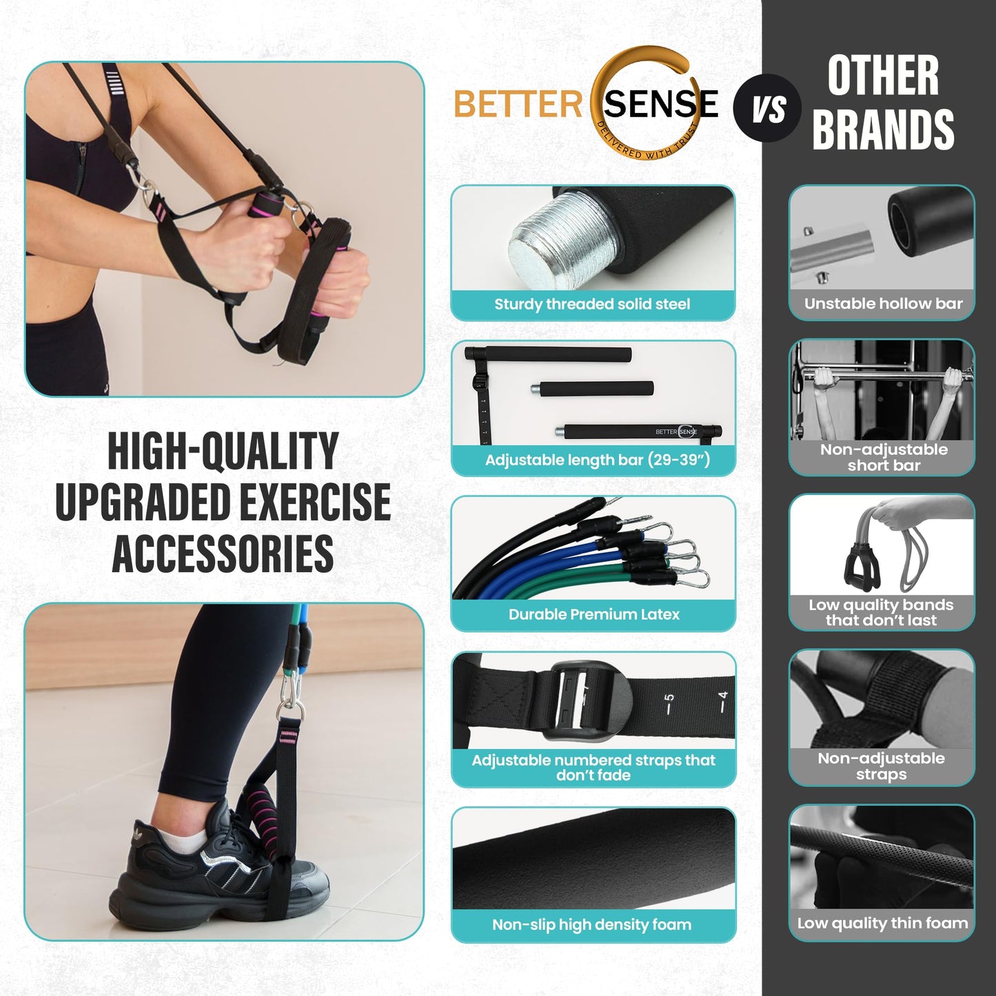 Pilates Bar Kit with Resistance Bands – Adjustable 39” Steel Bar & 6 Stackable Bands (40-180lbs), Full Body Pilates Kit for Home Workouts for Women & Men, Portable Pilates Reformer Strength Training