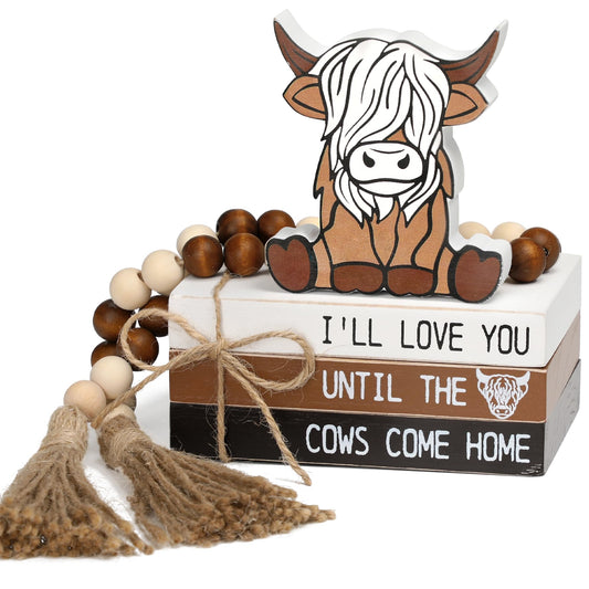 5PCS Highland Cow Decor, Farmhouse Tiered Tray Decor, Wooden Book Stacks Rustic Table Centerpiece for Home Room Mantle Shelf
