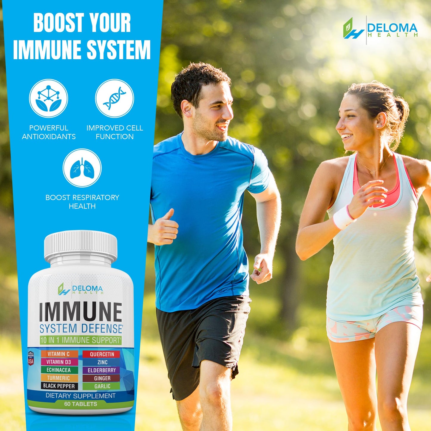 Deloma Health 10 in 1 Immune System Support Supplement - Vitamin C (1000 mg), Quercetin, Vitamin D3 (5000iu), Zinc (40 mg), Elderberry, Echinacea, Turmeric, Ginger, Garlic, Black Pepper