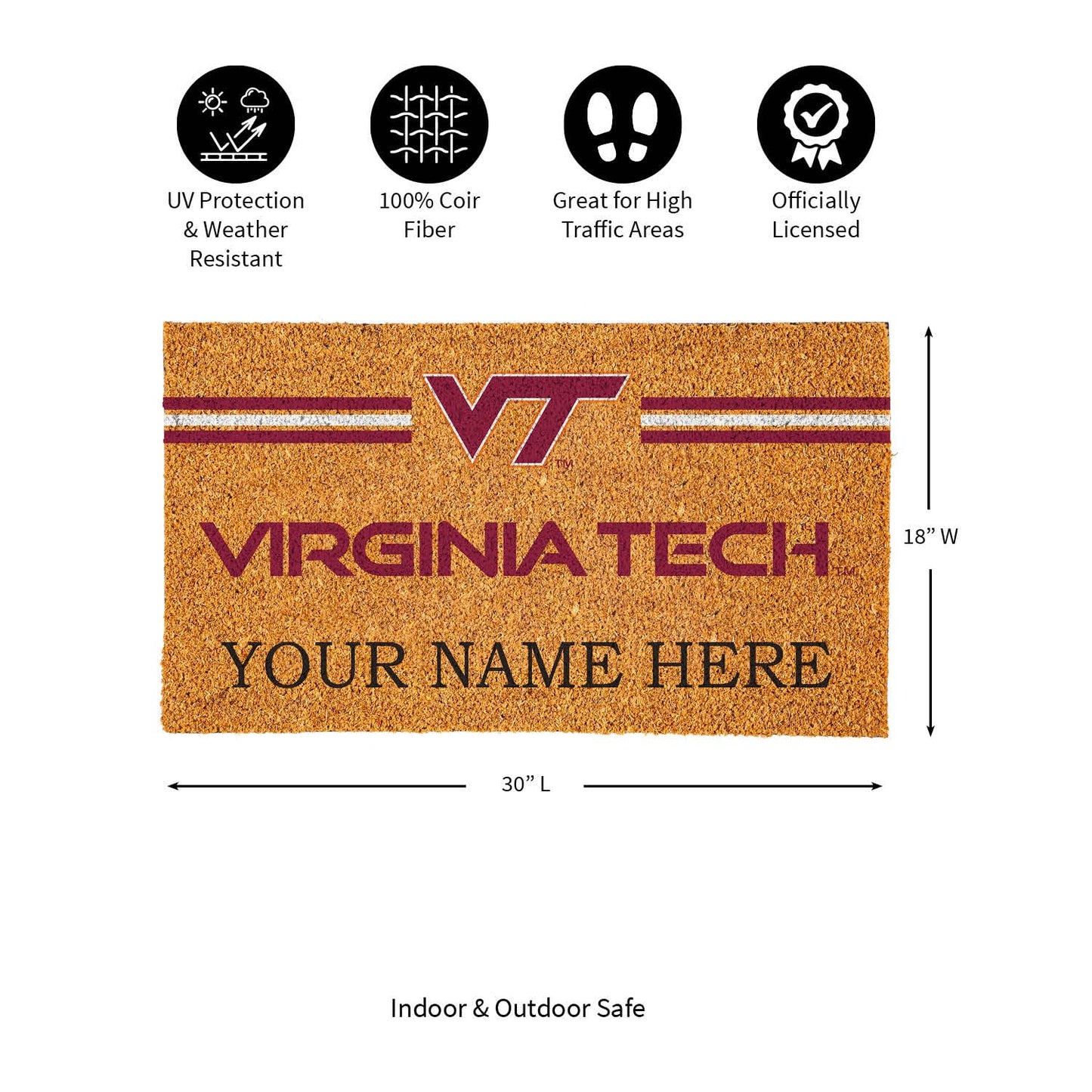 Team Sports America NCAA Virginia Tech College Personalized Coir Door Mat, 18 x 30 Inches Custom Name Doormat, Front Door Non-Slip Welcome Mats