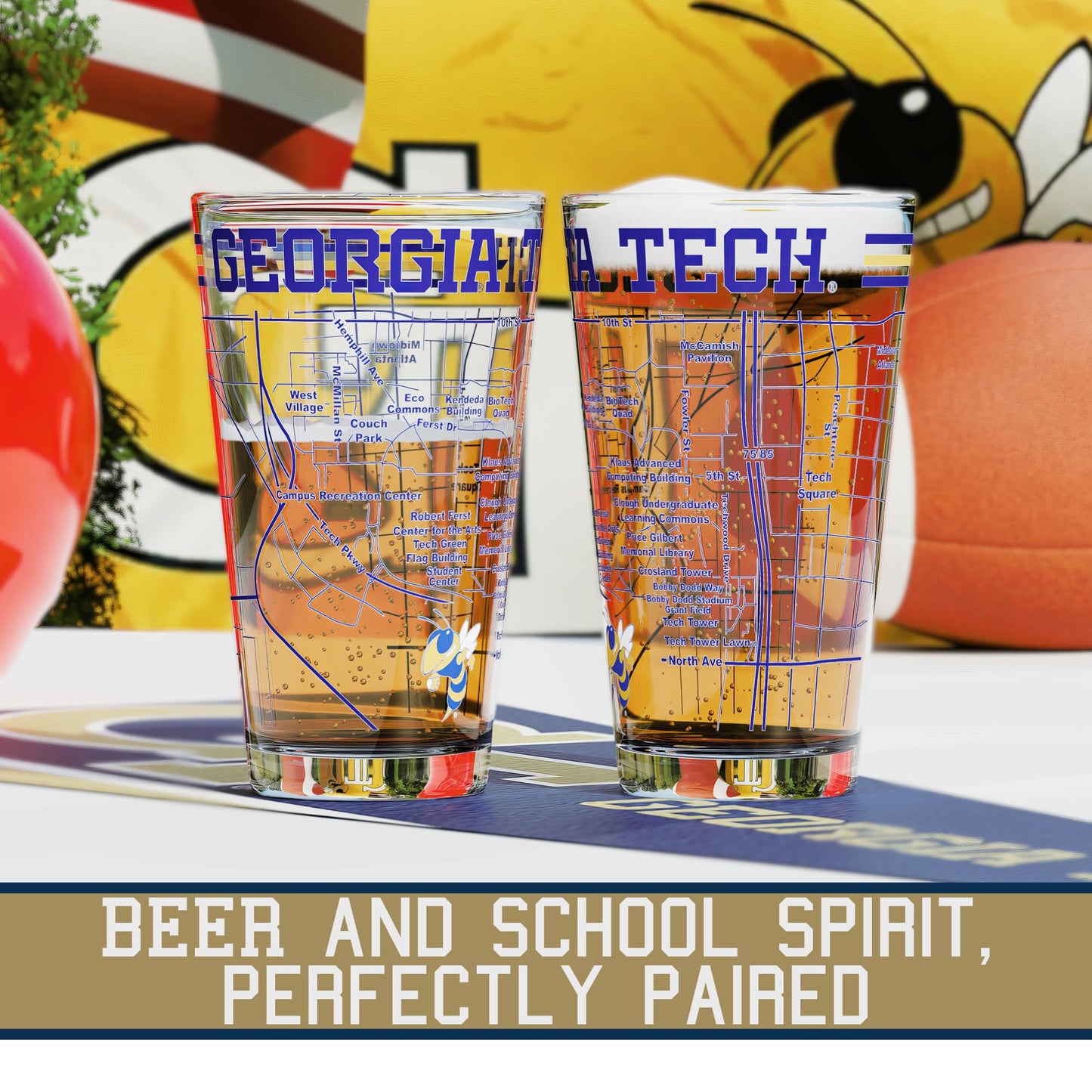 Greenline Goods Georgia Tech Pint Beer Glasses Set of 2 - Full Color Yellow Jackets Logo & Campus Map – Georgia Tech Gift Idea for College Grads & Alumni - College Glassware