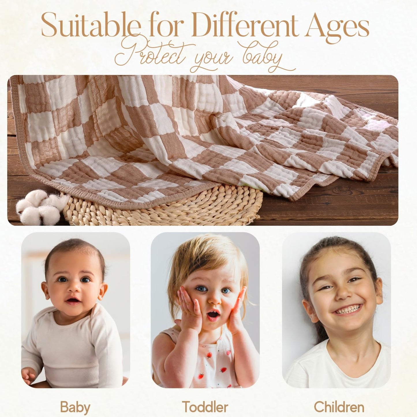 HardNok Ultra Soft Muslin Baby Blanket,A Versatile Swaddle and Bed Blanket for Babies, Toddlers, Boys, and Girls (1 Coffee Checkered 1 Pack).