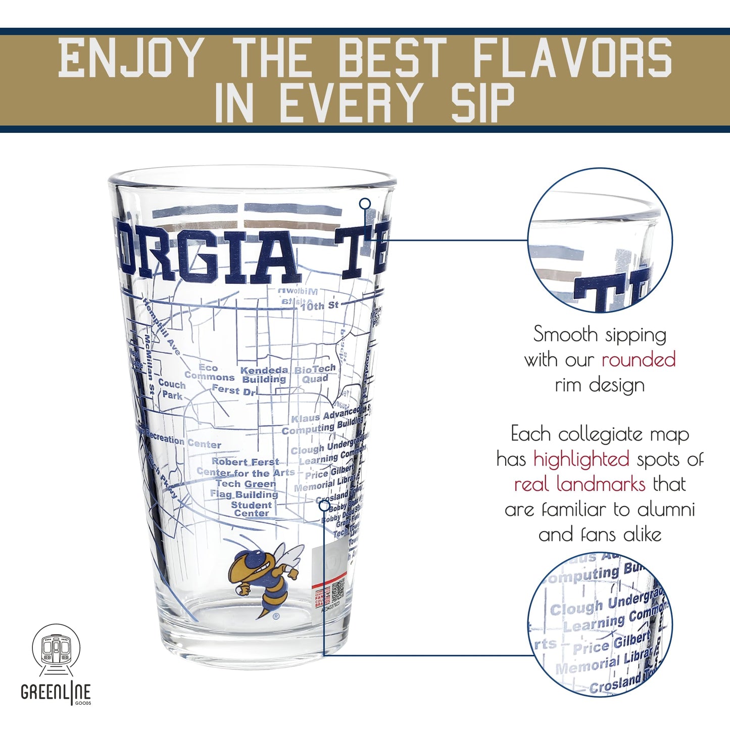 Greenline Goods Georgia Tech Pint Beer Glasses Set of 2 - Full Color Yellow Jackets Logo & Campus Map – Georgia Tech Gift Idea for College Grads & Alumni - College Glassware