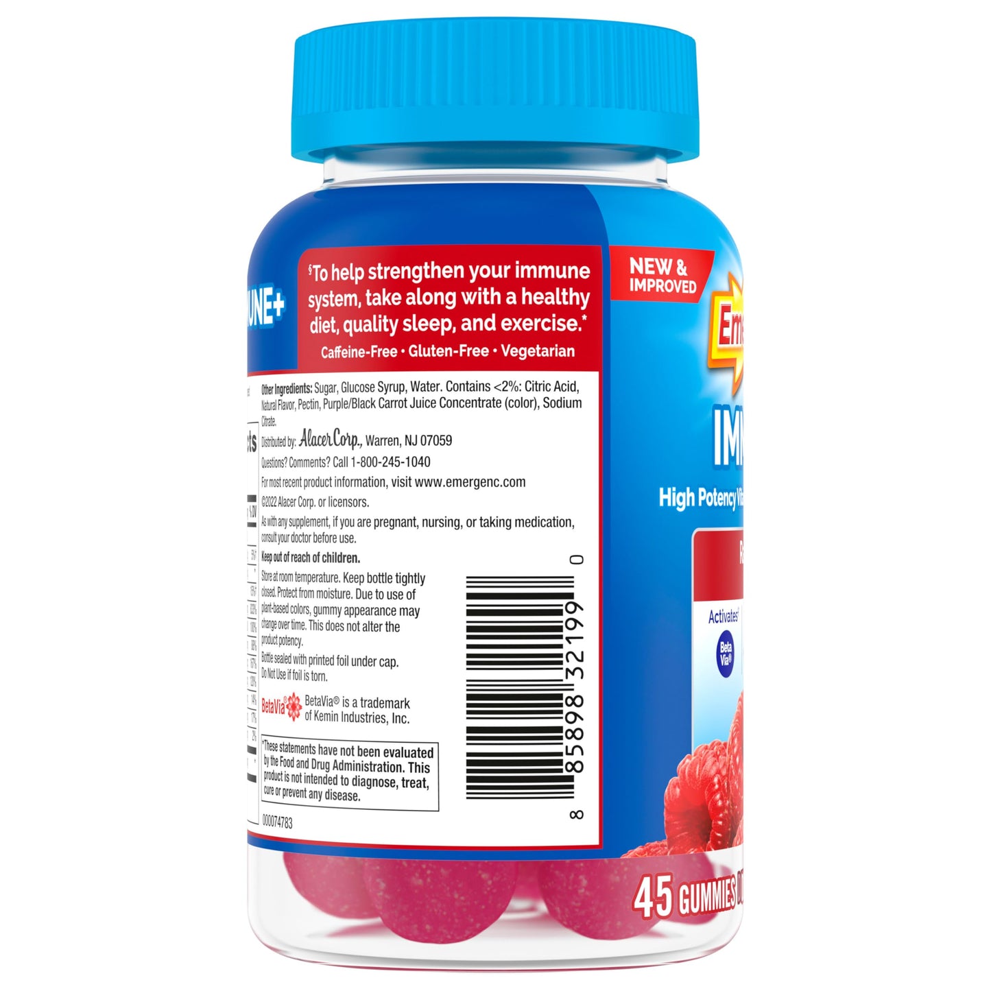 Emergen-C Immune+ Immune Gummies, Vitamin D Plus 750 mg Vitamin C, Immune Support Dietary Supplement, Caffeine Free, Gluten Free, Raspberry Flavor - 45 Count