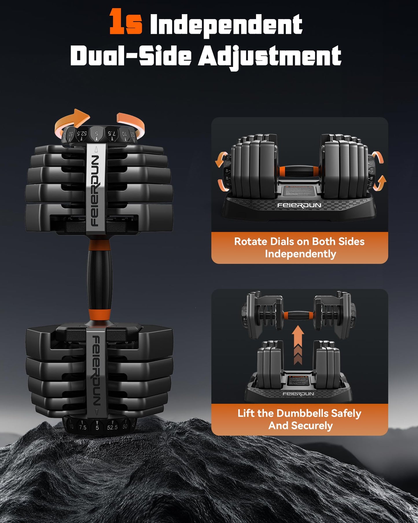 FEIERDUN Adjustable Dumbbell Set,5-52.5lb Free Weight Dumbbells, 15 in 1, Quick Adjust Weight Set with Non-slip Handles and Tray, Dumbbells for Home Gym Exercise Strength Training, Unisex（Pair）