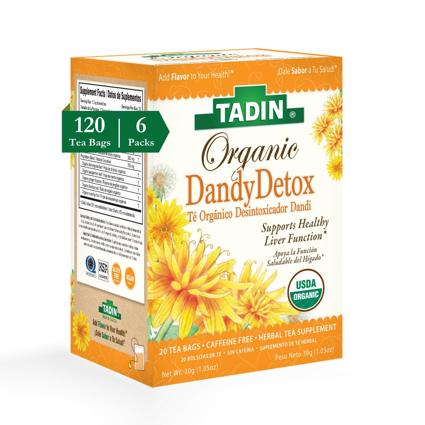 Tadin Organic Dandy Detox Tea, Dandelion Root Tea, Herbal Tea, Liver Support Tea, Organic Tea, Caffeine Free Tea, Wellness Tea, 20 Tea Bags Per Box, Pack of 6