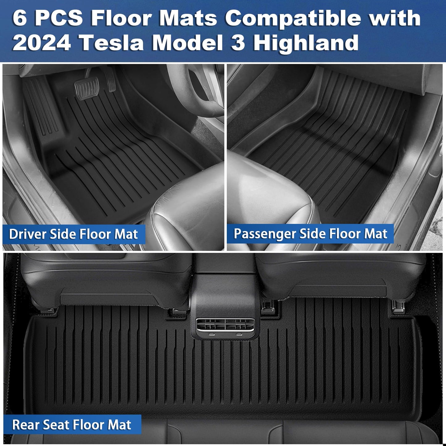 Weize Floor Mats Fit for Tesla Model 3 Highland 2025 2024, TPE All Weather Cargo Liner Floor Mats and Cargo Trunk Mats Accessories Front Rear Cargo Mat Full Set