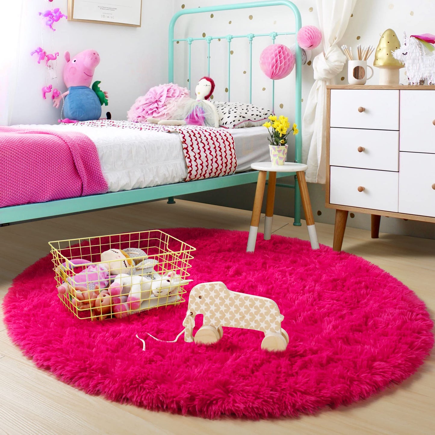 Hot Pink Round Rug 4Ft for Girls Bedroom, Fluffy Circle Area Rugs for Kids Room Decor Aesthetic, Shag Plush Fuzzy Furry Carpet for Living Room, Nursery, Dorm, Classroom, Teen, Cute Baby Barbie Rug