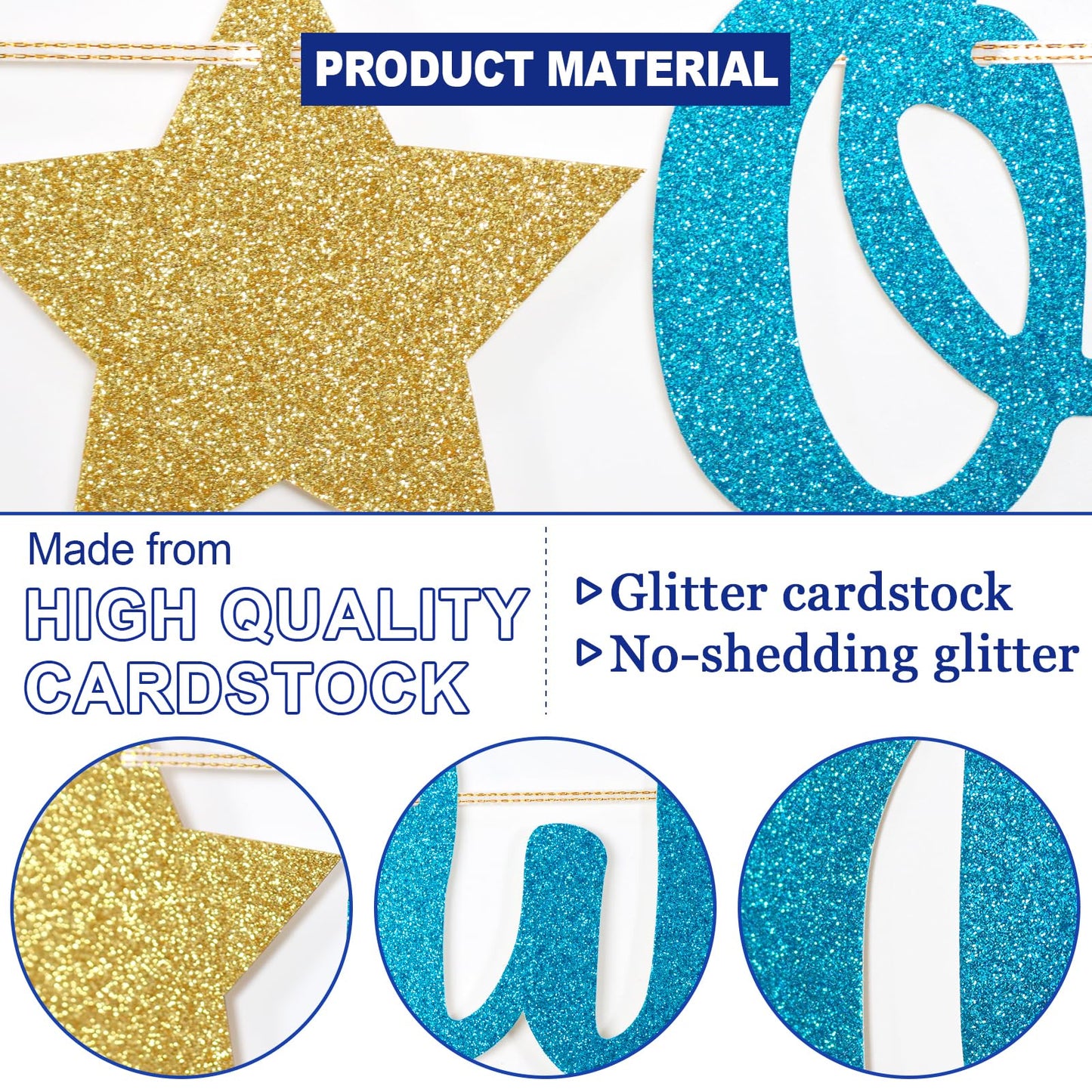 Welcome Little One Glitter Banner, Pre-strung Baby Shower Banner, Gender Reveal Party Decor (Blue)