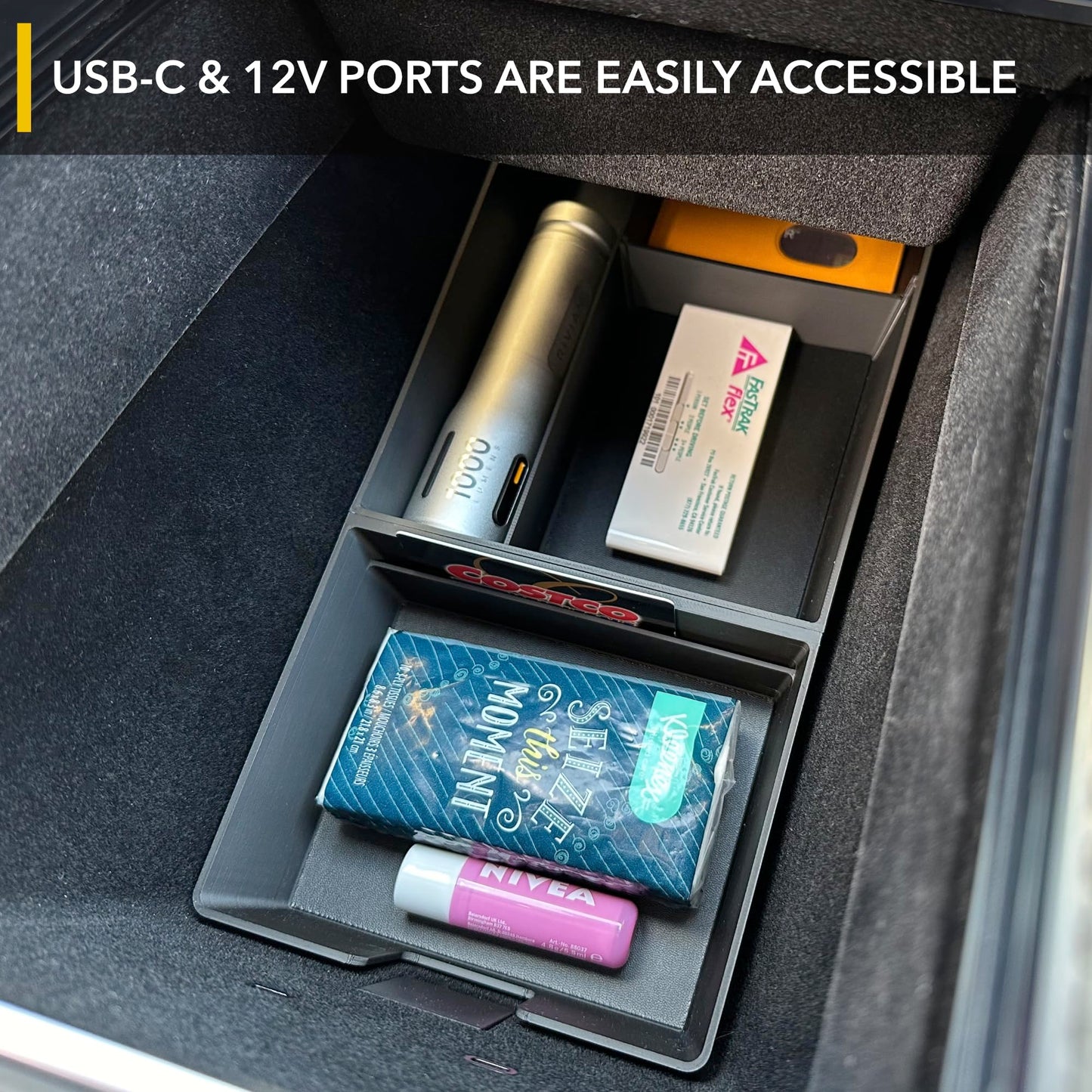 TWRAPS Center Console Storage Tray for Tesla Model X & Model S 2021-2025, Interior Accessories Organizer with Leather Inserts, Carbon Fiber Infused ABS for Refresh Plaid Long Range