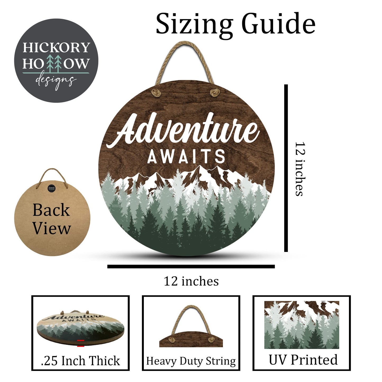 Adventure Awaits Hanging Wall Sign, 12" Wood Round, Green Trees Brown Background, Rustic Home Decor, Woodland Baby Shower Decorations,Hickory Hollow Designs (Adventure Awaits (Dark Walnut))