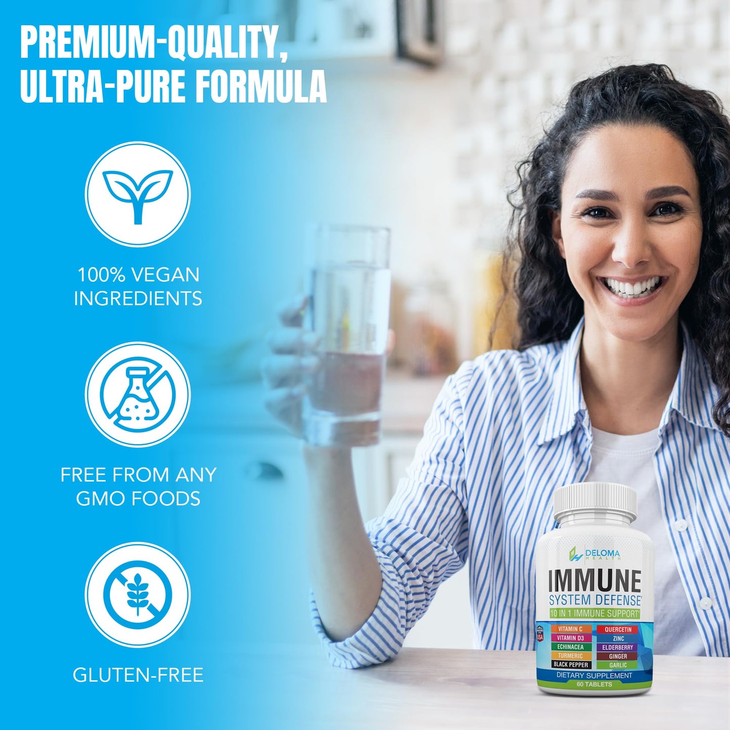 Deloma Health 10 in 1 Immune System Support Supplement - Vitamin C (1000 mg), Quercetin, Vitamin D3 (5000iu), Zinc (40 mg), Elderberry, Echinacea, Turmeric, Ginger, Garlic, Black Pepper