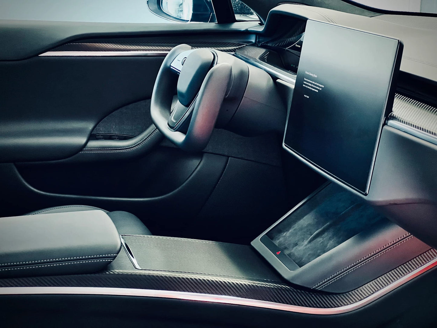 TWRAPS Interior Vinyl Wrap Kit for Tesla Model S Refresh 2021-2025 Long Range - Plaid Style Black Carbon Fiber Pattern Overlay, Styling Mod Upgrade Dashboard, Center Console, Cup Holders & Door Trims