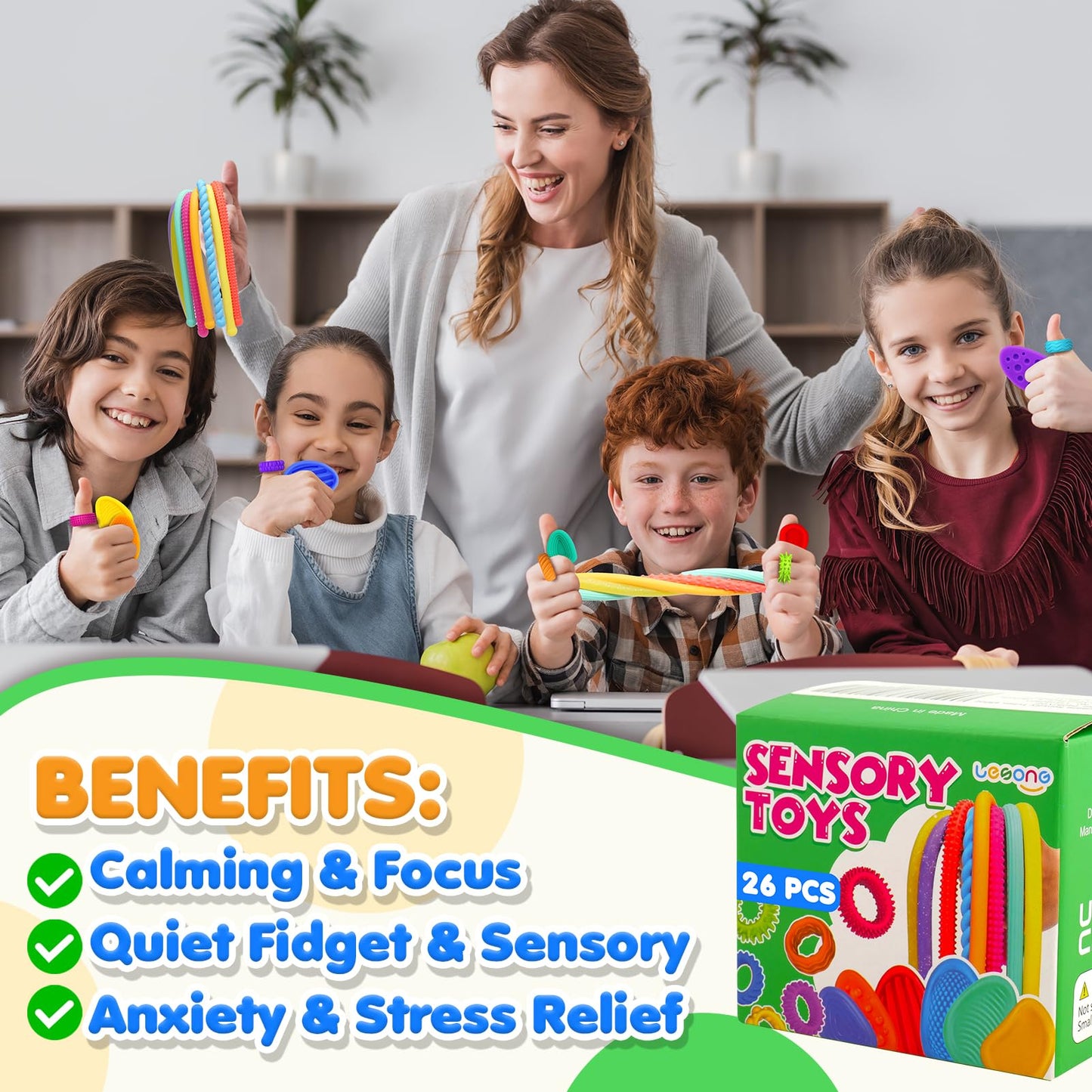 Fidget Sensory Toys for Kids: 26 Pack Quiet Squishy Fidget for Classroom Students Prizes- Textured Soft Stone Fidgets Rings Stretchy Strings for Autism Calming Down Tools - Party Favors,Treasure Box