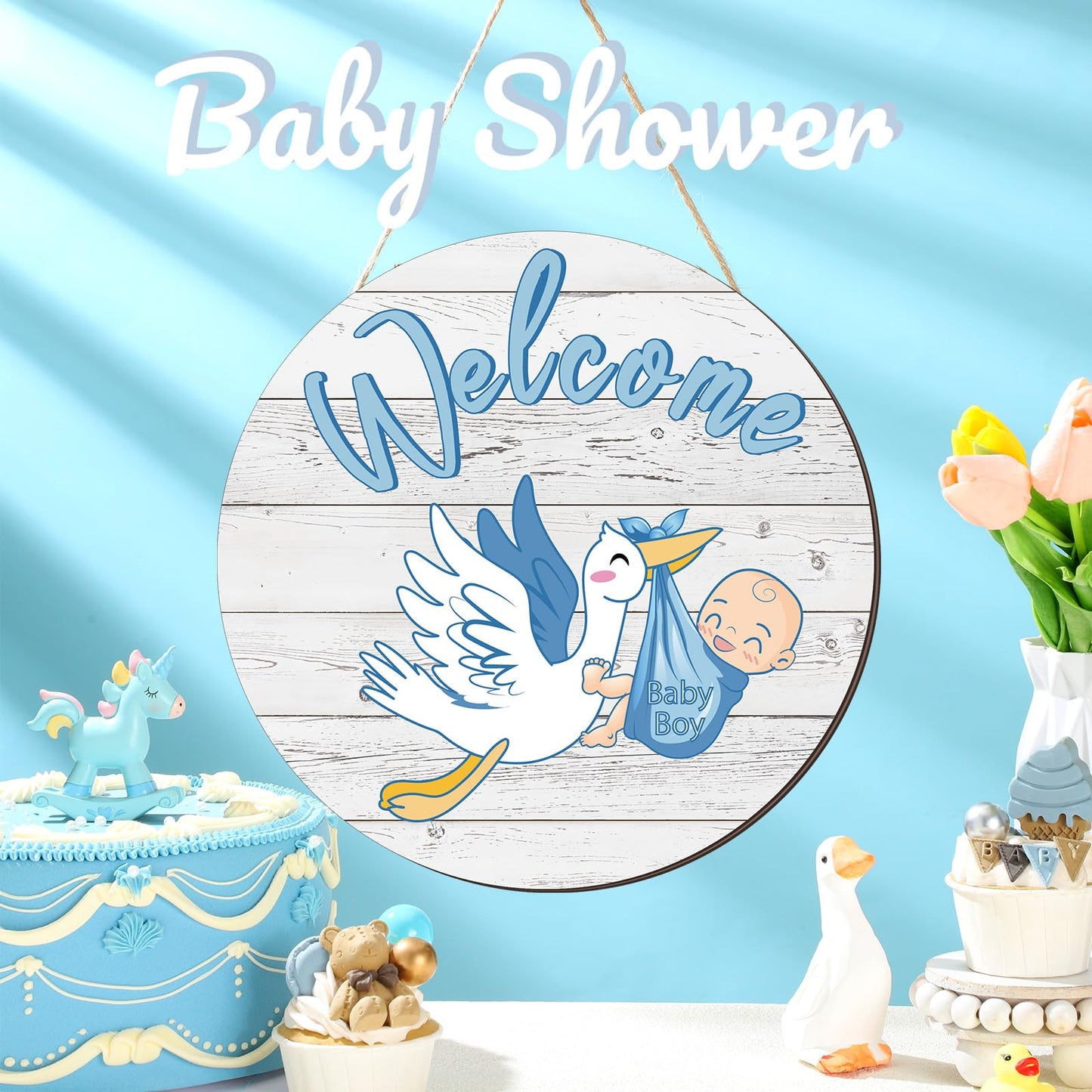 Chunful Baby Boy Door Sign Gender Reveal Welcome Sign Hanging Wreath Round Rustic Wood Farmhouse Decorations Holiday Front Door Decor for Baby Shower Porch Party Supplies