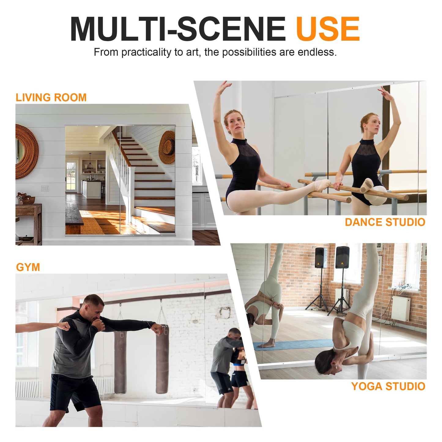 Home Gym Mirror, 48''x24''x2PCS, large Full Body Mirror for Yoga, Glass Frameless Mirror for Wall Mounted, Wall Mirror for Home Gym, Garage, Bedroom, Bathroom (Glass - 48''x24'' - 2PCS)