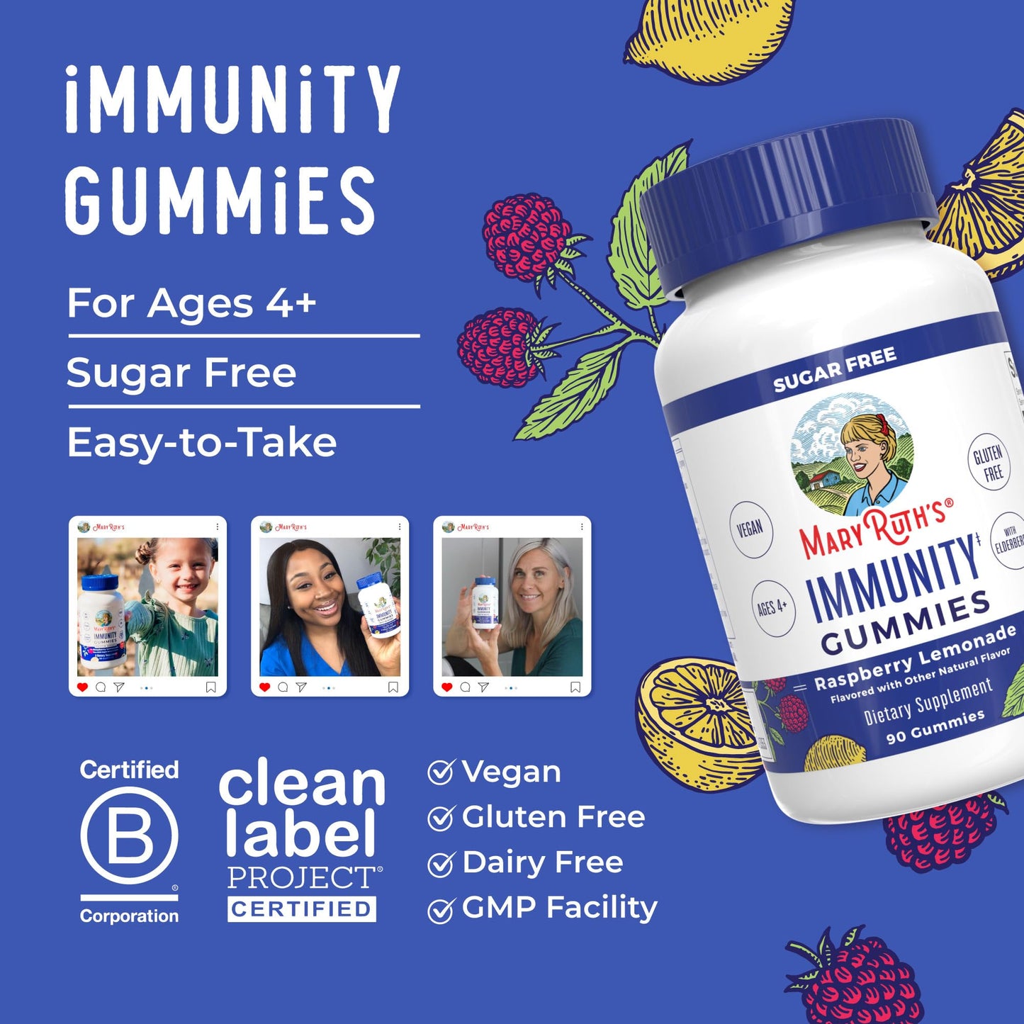 MaryRuth Organics Sugar Free Immunity Gummies | Powerful Blend | Elderberry Vitamin C & Zinc | Vitamin D3 & Echinacea | Immune Support Supplement | Gummies for Kids & Adults | Vegan | Non GMO | 90ct