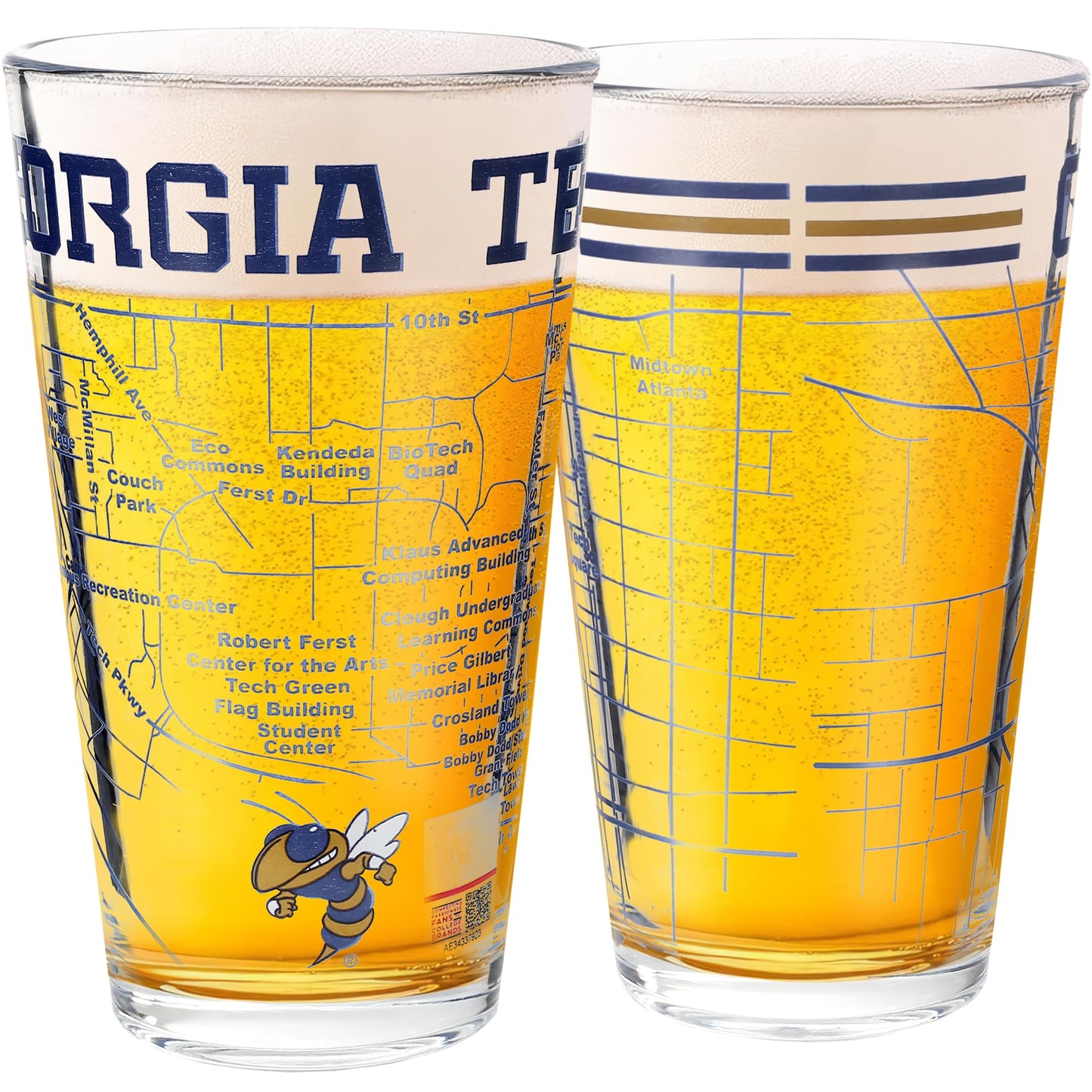 Greenline Goods Georgia Tech Pint Beer Glasses Set of 2 - Full Color Yellow Jackets Logo & Campus Map – Georgia Tech Gift Idea for College Grads & Alumni - College Glassware
