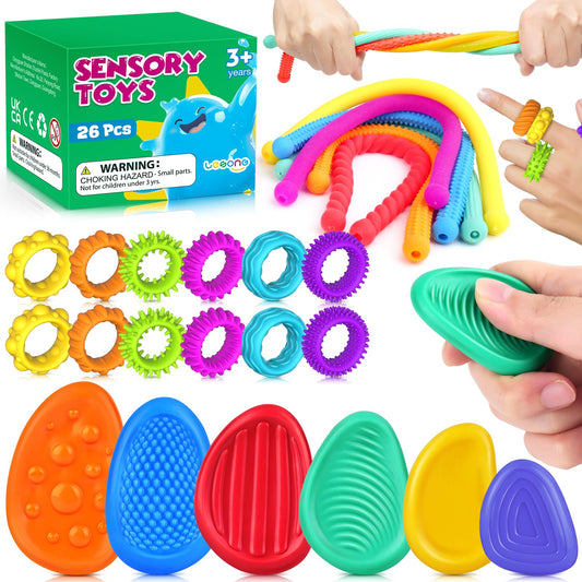 Fidget Sensory Toys for Kids: 26 Pack Quiet Squishy Fidget for Classroom Students Prizes- Textured Soft Stone Fidgets Rings Stretchy Strings for Autism Calming Down Tools - Party Favors,Treasure Box