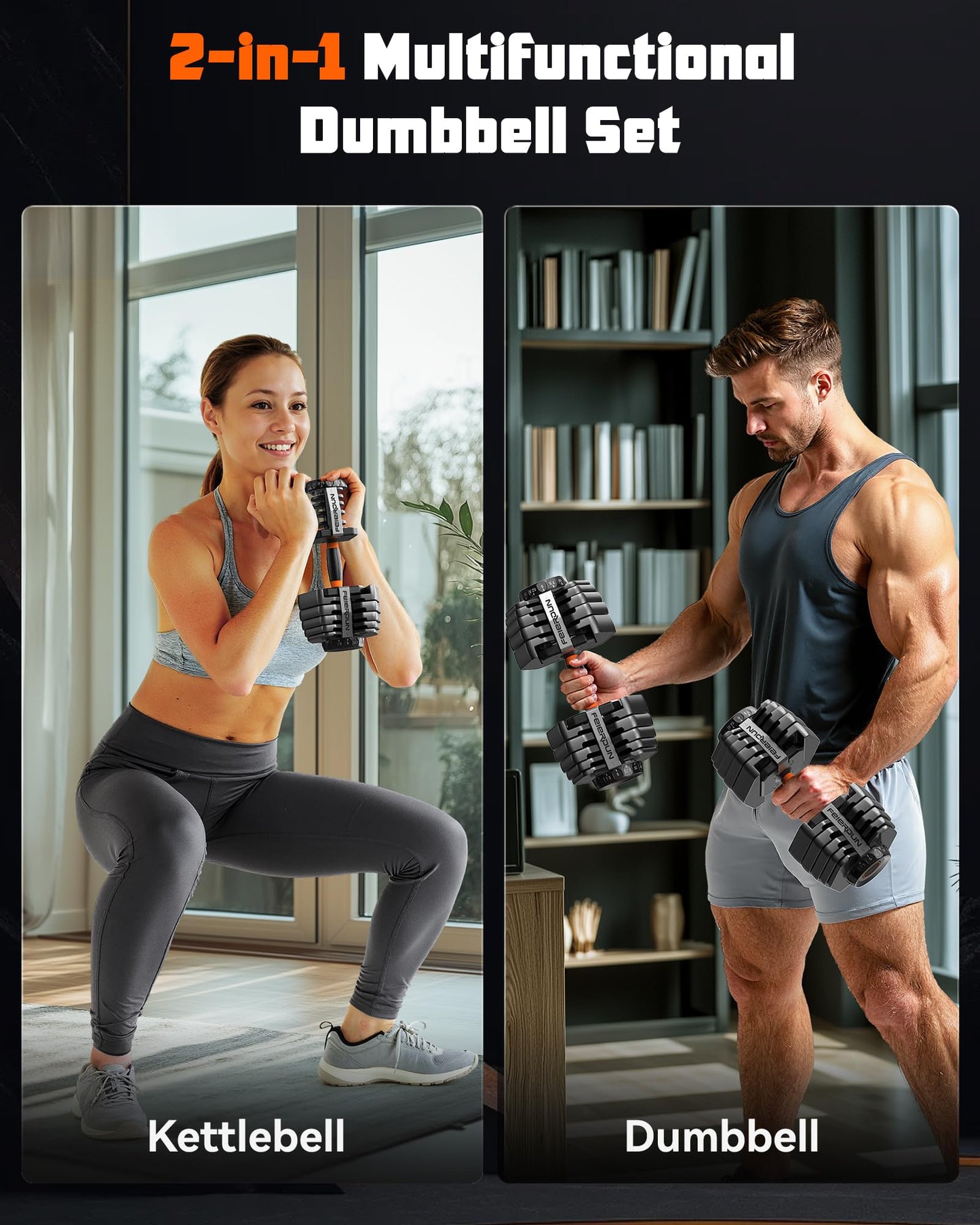 FEIERDUN Adjustable Dumbbell Set,5-52.5lb Free Weight Dumbbells, 15 in 1, Quick Adjust Weight Set with Non-slip Handles and Tray, Dumbbells for Home Gym Exercise Strength Training, Unisex（Pair）