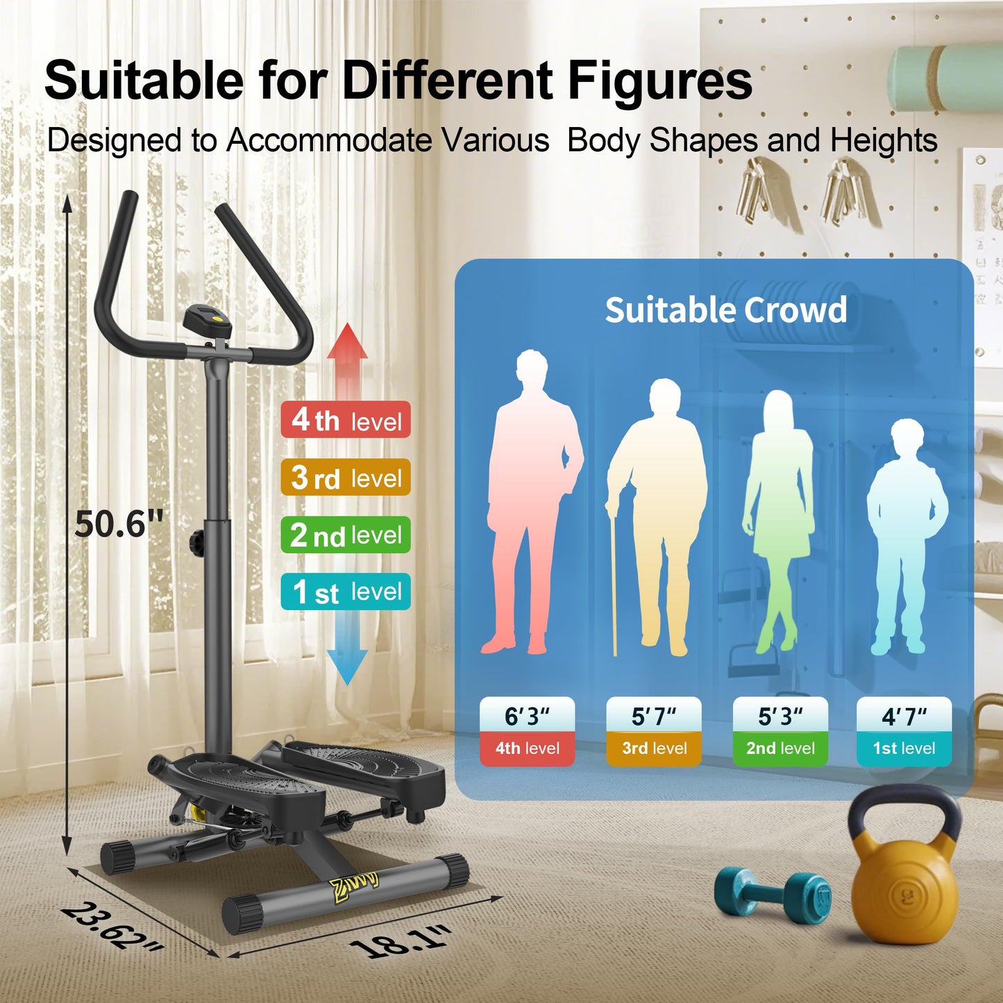 ZIWWVY Stepper Machine with Resistance Bands & Handlebar, Mini Stepper with 300LBS Weight Capacity, Twist Stepper for Full Body Workout, Adjust Step Height, Smooth & Quiet, Step Machine for Men Women