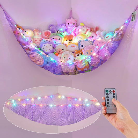 Basumee Stuffed Animals Net or Hammock with LED Light Hanging Toy Net Hammock for Stuffed Animals Storage Stuff Animals Hammocks for Nursery Kids Room with Remote Control, 8 Kinds of Lights(Pack of 1)