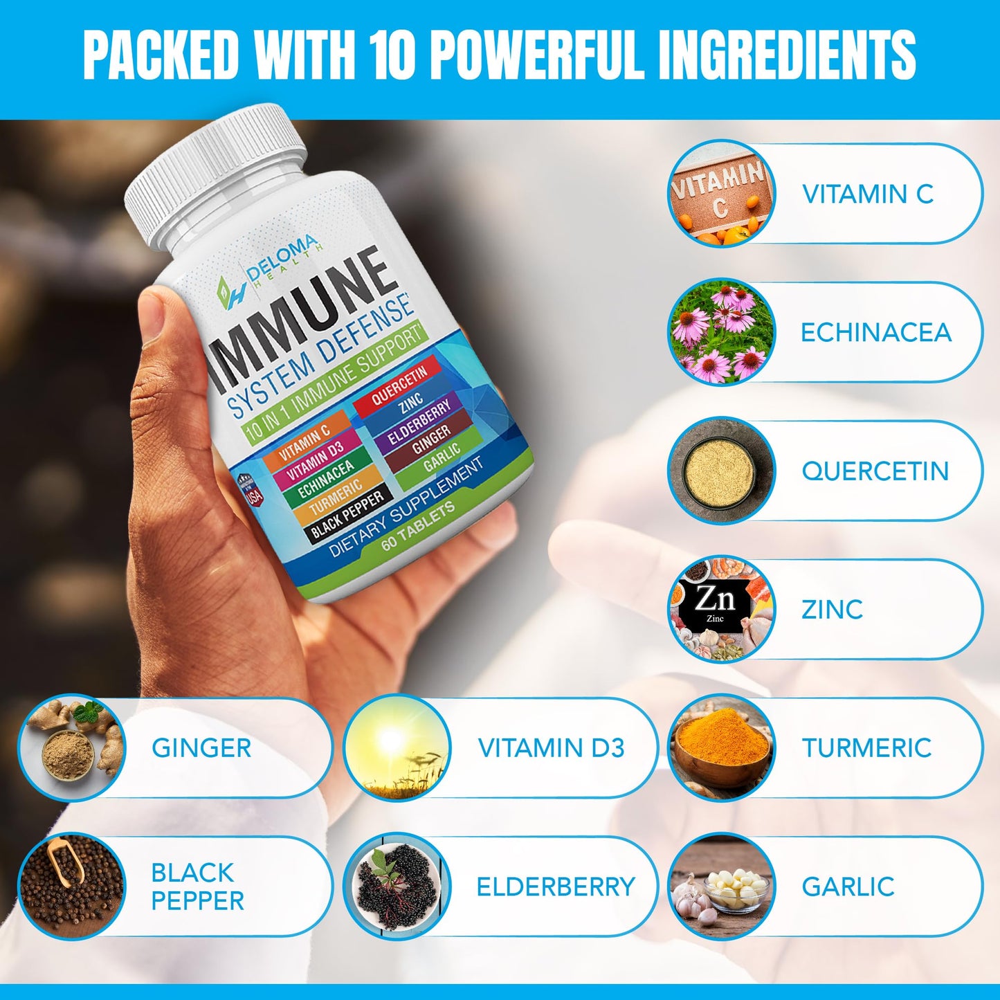 Deloma Health 10 in 1 Immune System Support Supplement - Vitamin C (1000 mg), Quercetin, Vitamin D3 (5000iu), Zinc (40 mg), Elderberry, Echinacea, Turmeric, Ginger, Garlic, Black Pepper