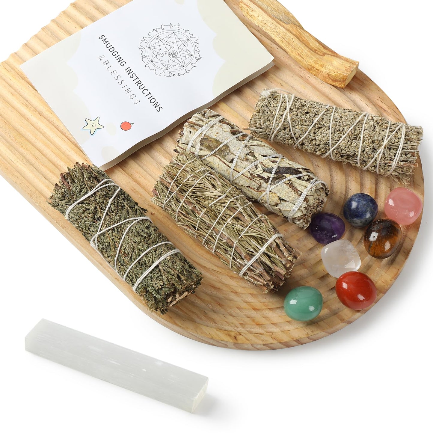 Sage Smudge Kit for Home Cleansing - Stress Relief Sage Kit, Smudge Sticks 4" Long, Smudging kit with Healing Crystals for Cleansing Negative Energy