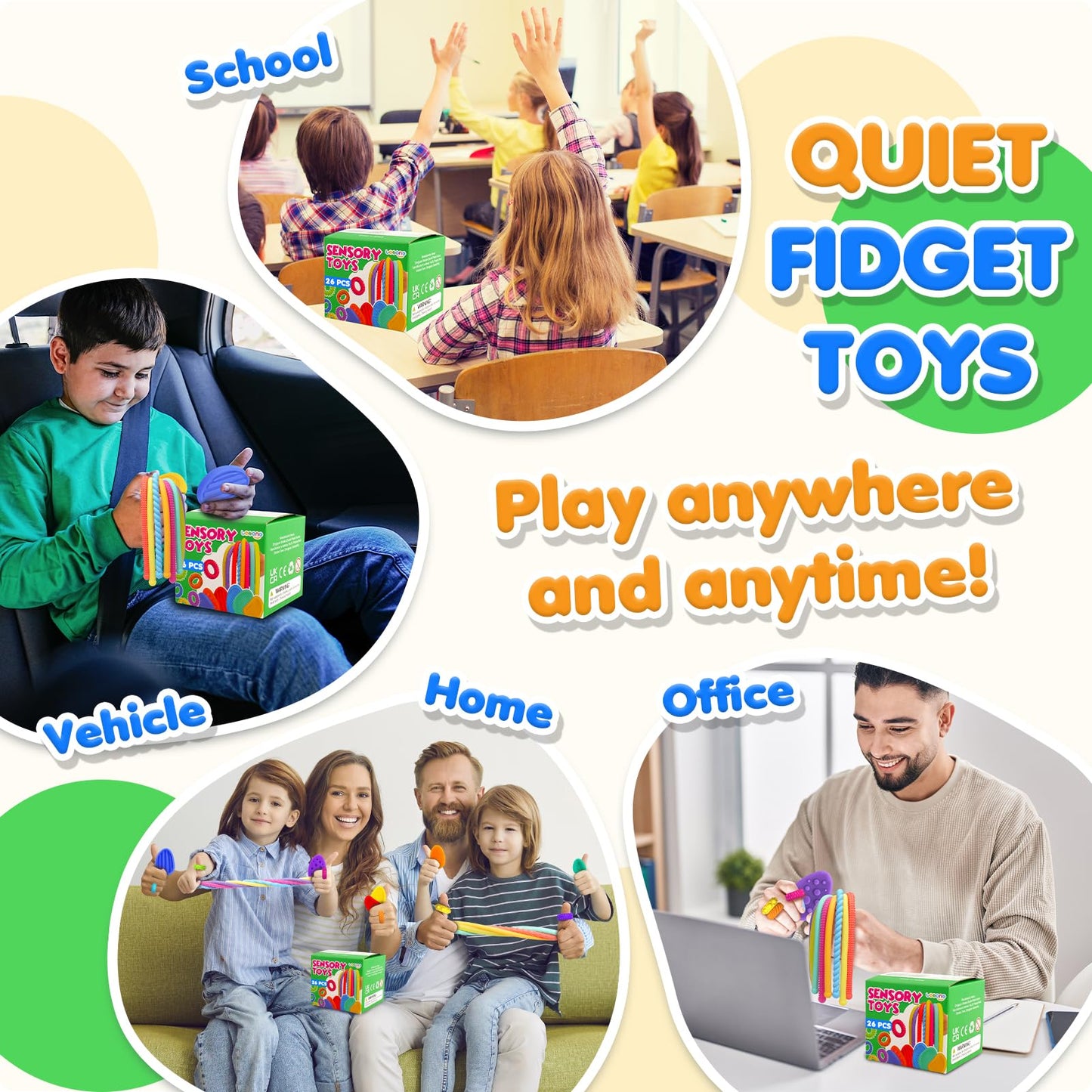 Fidget Sensory Toys for Kids: 26 Pack Quiet Squishy Fidget for Classroom Students Prizes- Textured Soft Stone Fidgets Rings Stretchy Strings for Autism Calming Down Tools - Party Favors,Treasure Box
