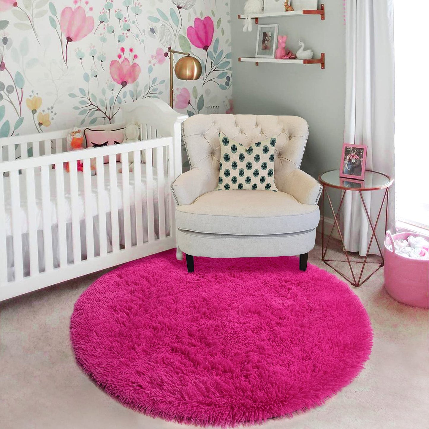 Hot Pink Round Rug 4Ft for Girls Bedroom, Fluffy Circle Area Rugs for Kids Room Decor Aesthetic, Shag Plush Fuzzy Furry Carpet for Living Room, Nursery, Dorm, Classroom, Teen, Cute Baby Barbie Rug